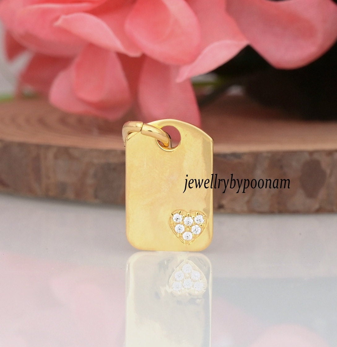 14k Solid Gold Moissanite Heart Dog Tag Pendant, Diamond Charm, 30MM - Jewelry By Poonam | SKU: PJP3211-SLYGCZ-30M 2/26