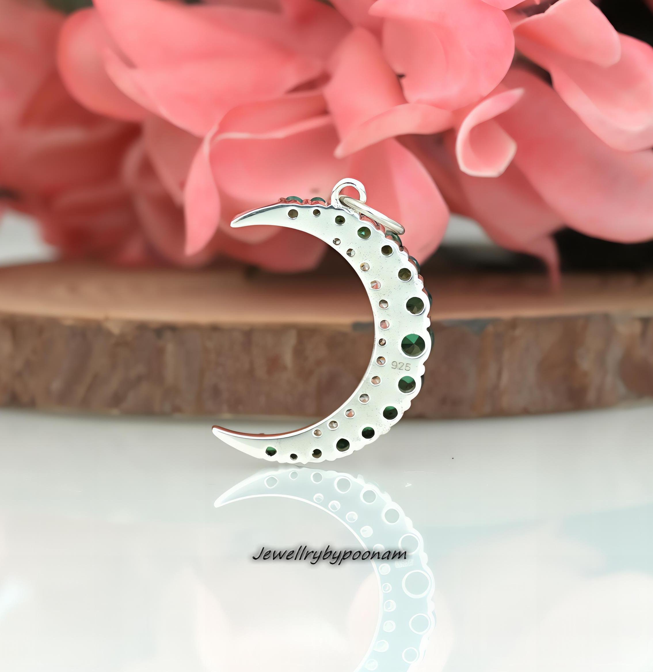 Blue Sapphire Crescent Moon Pendant: Sterling Silver Diamond Jewelry - View 6 - Jewelry By Poonam | SKU: PJP3468-SLYGBSPCZ-35