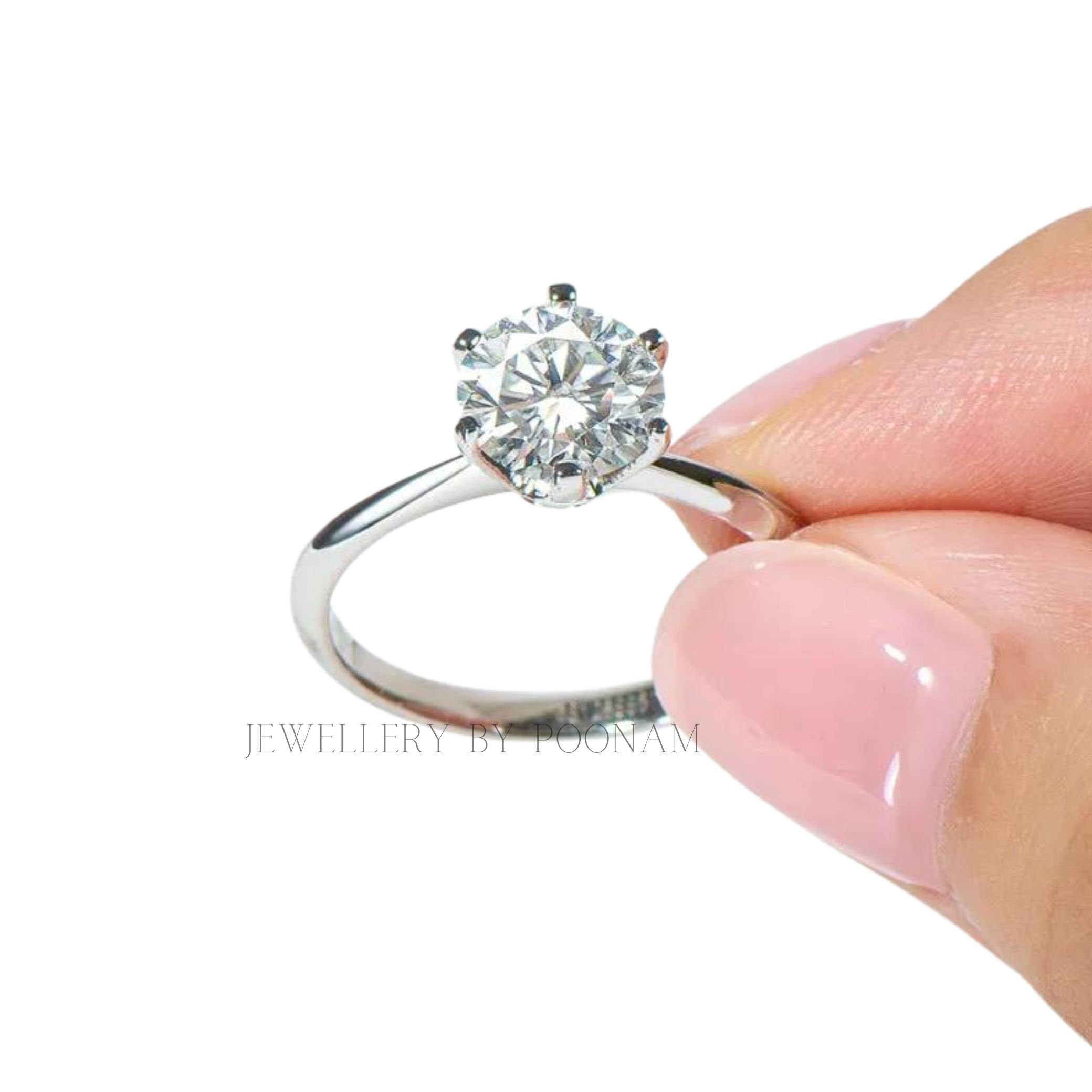 Classic Round Cut Moissanite Engagement Ring – 925 Sterling Silver Bridal Ring - View 4 - Jewelry By Poonam | SKU: R-1193