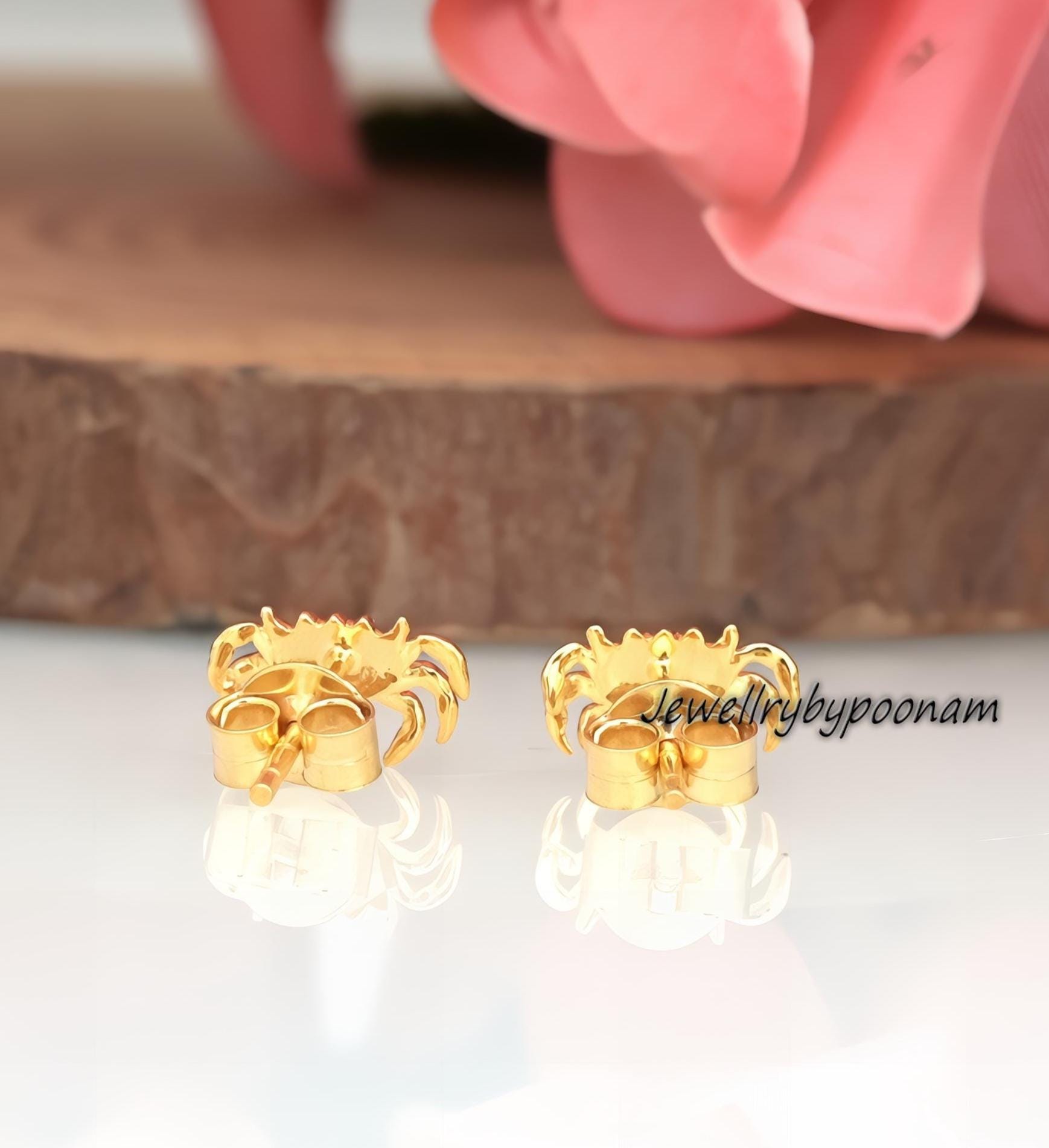 Crab Stud Earrings – 9K/14K Gold or Sterling Silver, Dainty Nature Jewelry - View 2 - Jewelry By Poonam | SKU: PJE1689-SLYG-1