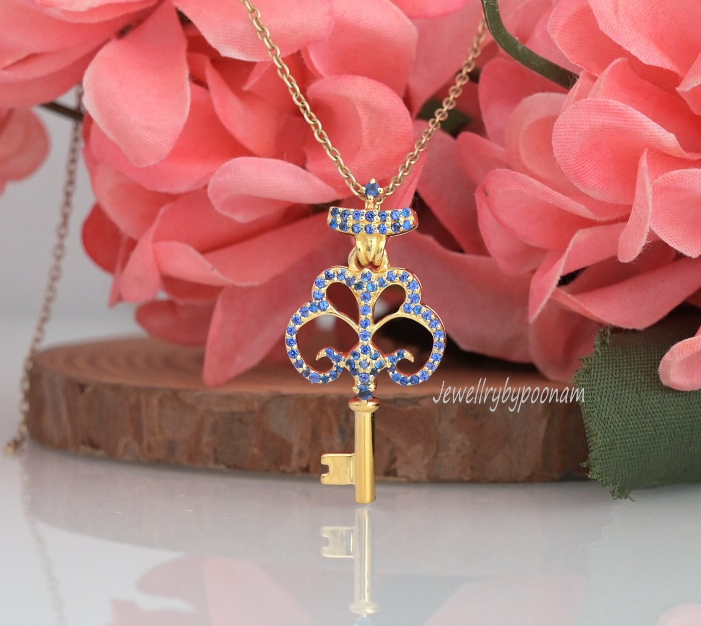 14k Gold Plated Crown Key Pendant: Sterling Silver CZ - Jewelry By Poonam | SKU: PJP3491-SLYGBSP-40MM 2/26