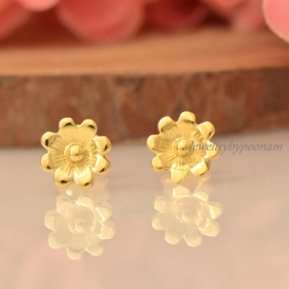 925 Sterling Silver Tiny Daisy Stud Earrings: Delicate Flower Jewelry - View 4 - Jewelry By Poonam | SKU: PJE2018-SLYG-10M,PJ
