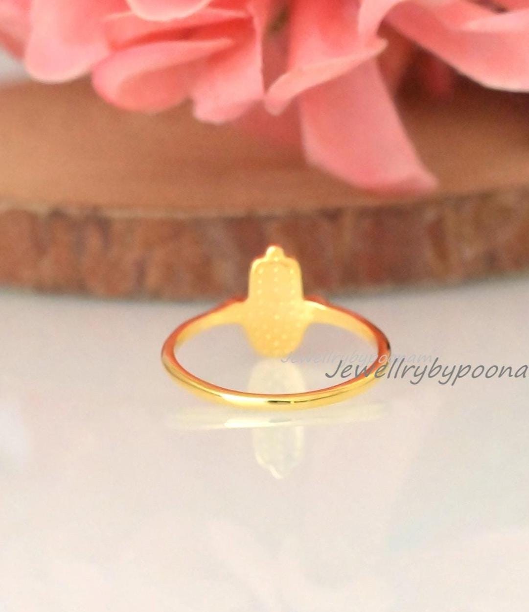 14k Gold Plated Hamsa Ring: CZ Diamond Stackable Band - View 2 - Jewelry By Poonam | SKU: PJR2973-SLYGEM-US-10
