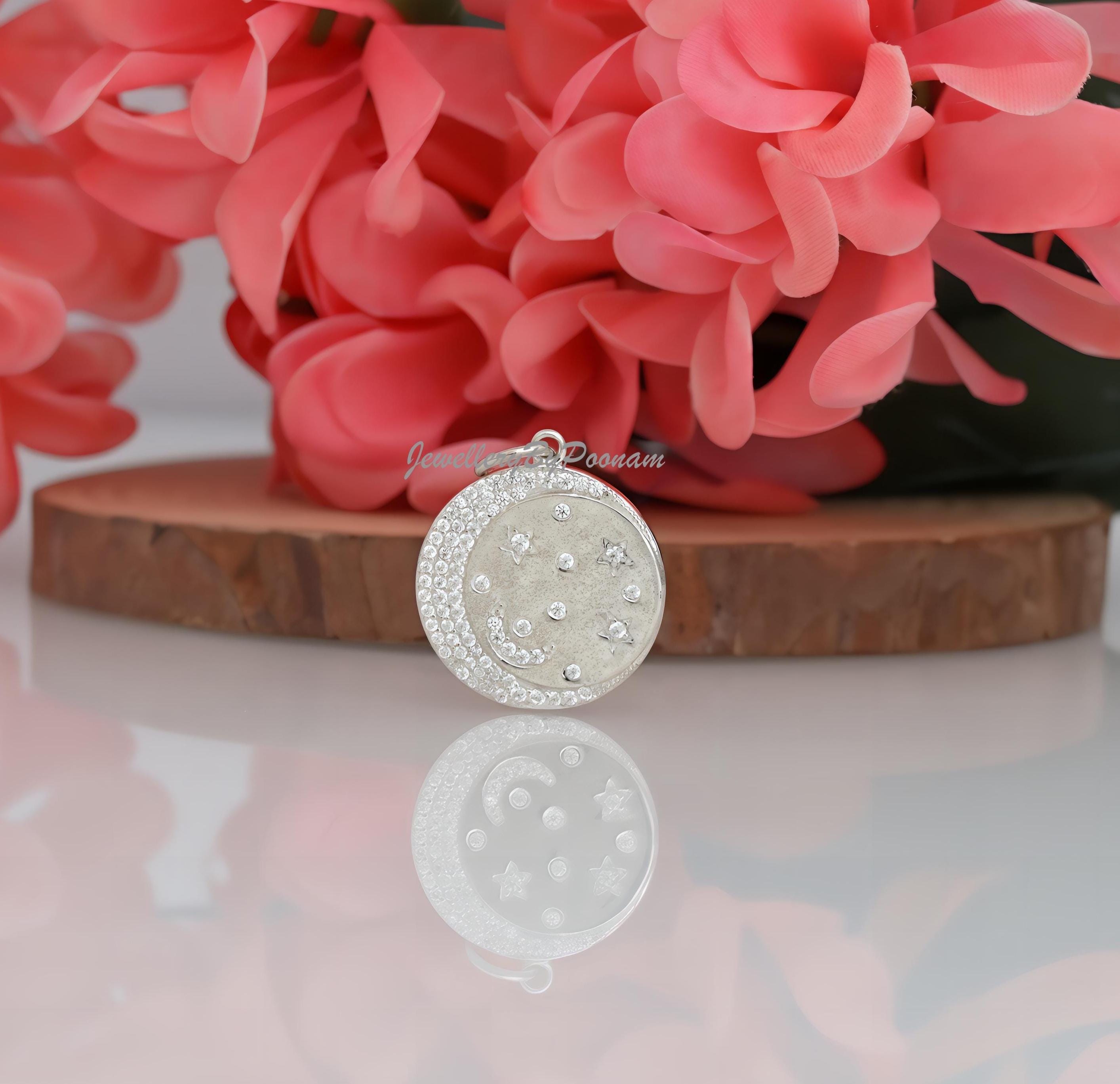 Sterling Silver Star Moon CZ Pendant: Celestial Disc Charm - View 2 - Jewelry By Poonam | SKU: PJP-3415-SLNSCZ-30 2/26