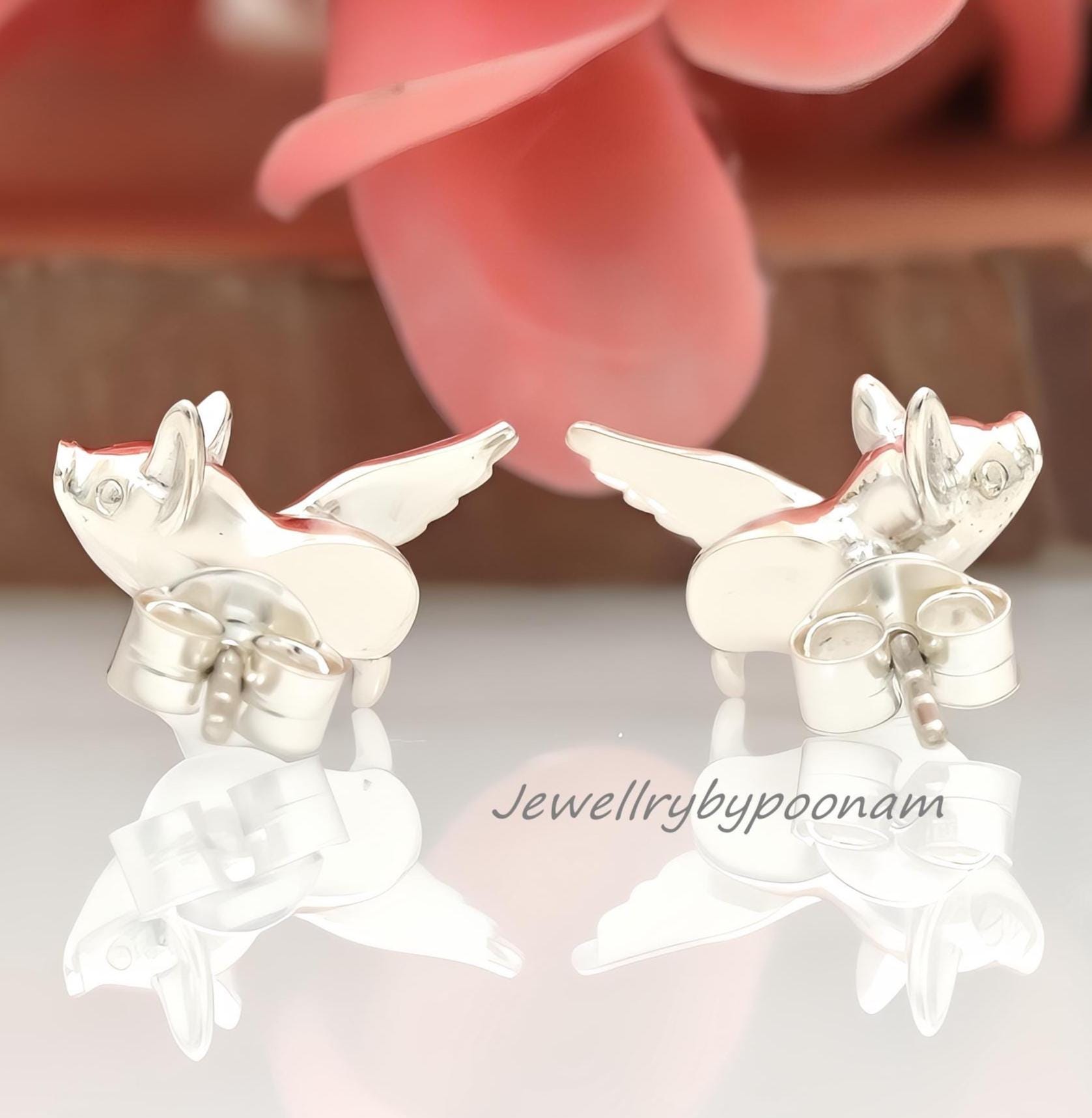 925 Sterling Silver Flying Pig Stud Earrings โ Dainty Animal Jewelry - View 3 - Jewelry By Poonam | SKU: PJE1809-SLNS-10M 2/