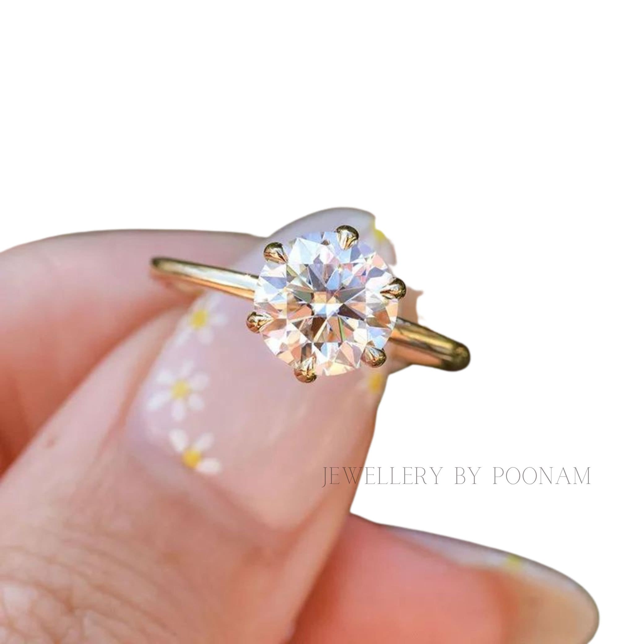 925 Silver Round Cut Solitaire Ring – Yellow Gold Plated Classic Engagement Ring for Women - Jewelry By Poonam | SKU: R-1170