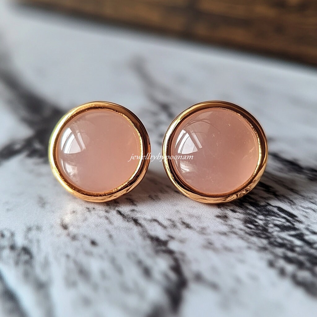 925 Sterling Silver Pink Opal Stud Earrings, 12 MM Round Minimal Everyday Jewelry - Jewelry By Poonam | SKU: PJE