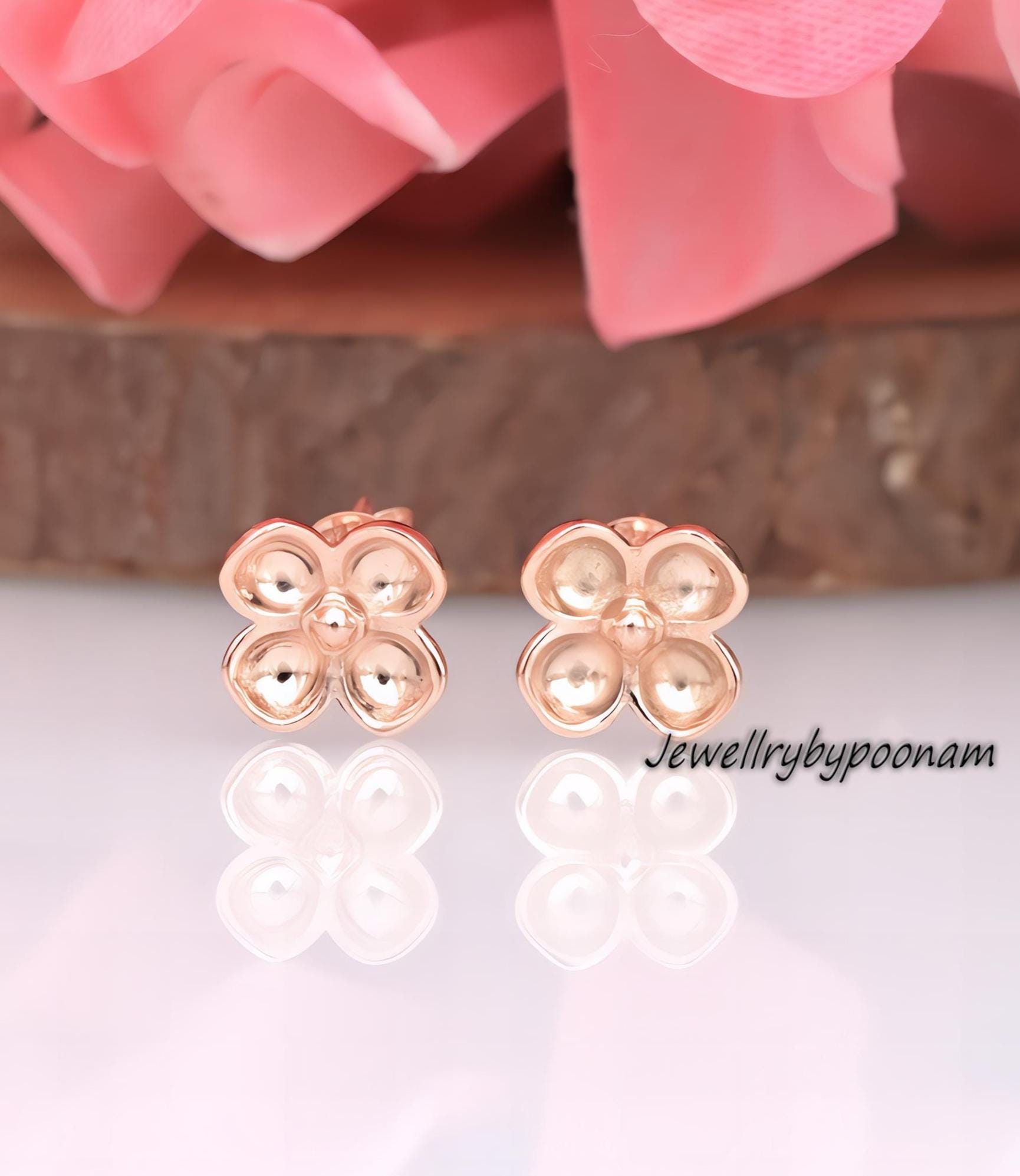 925 Silver Rose Gold Plated Clover Stud Earrings, 10mm - Jewelry By Poonam | SKU: PJE1699-SLRG-10M 2/2026