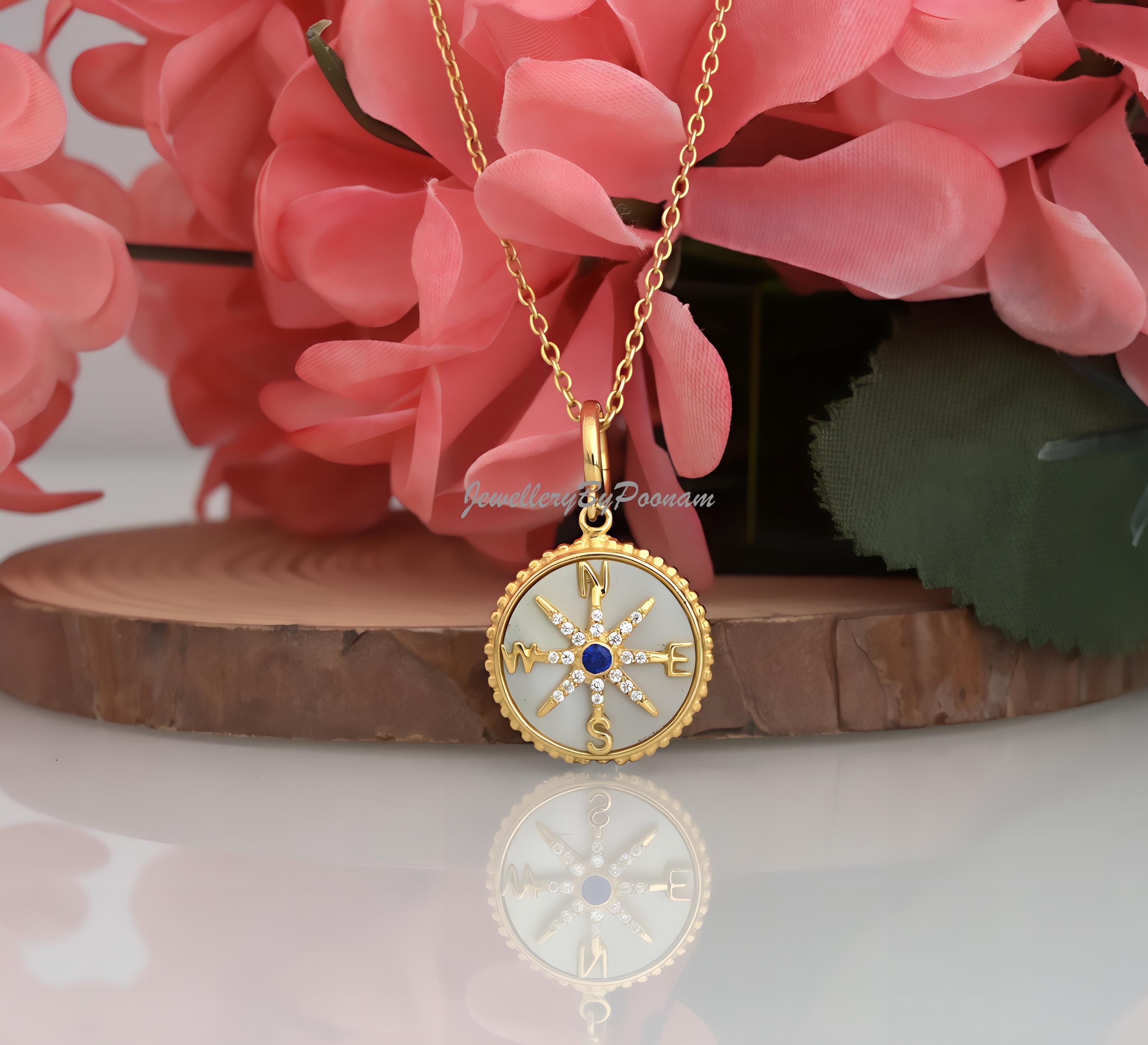 Sterling Silver Compass Pendant: Mother of Pearl, Blue CZ Diamond Charm - View 2 - Jewelry By Poonam | SKU: PJP3200-SLNSMOPCZ