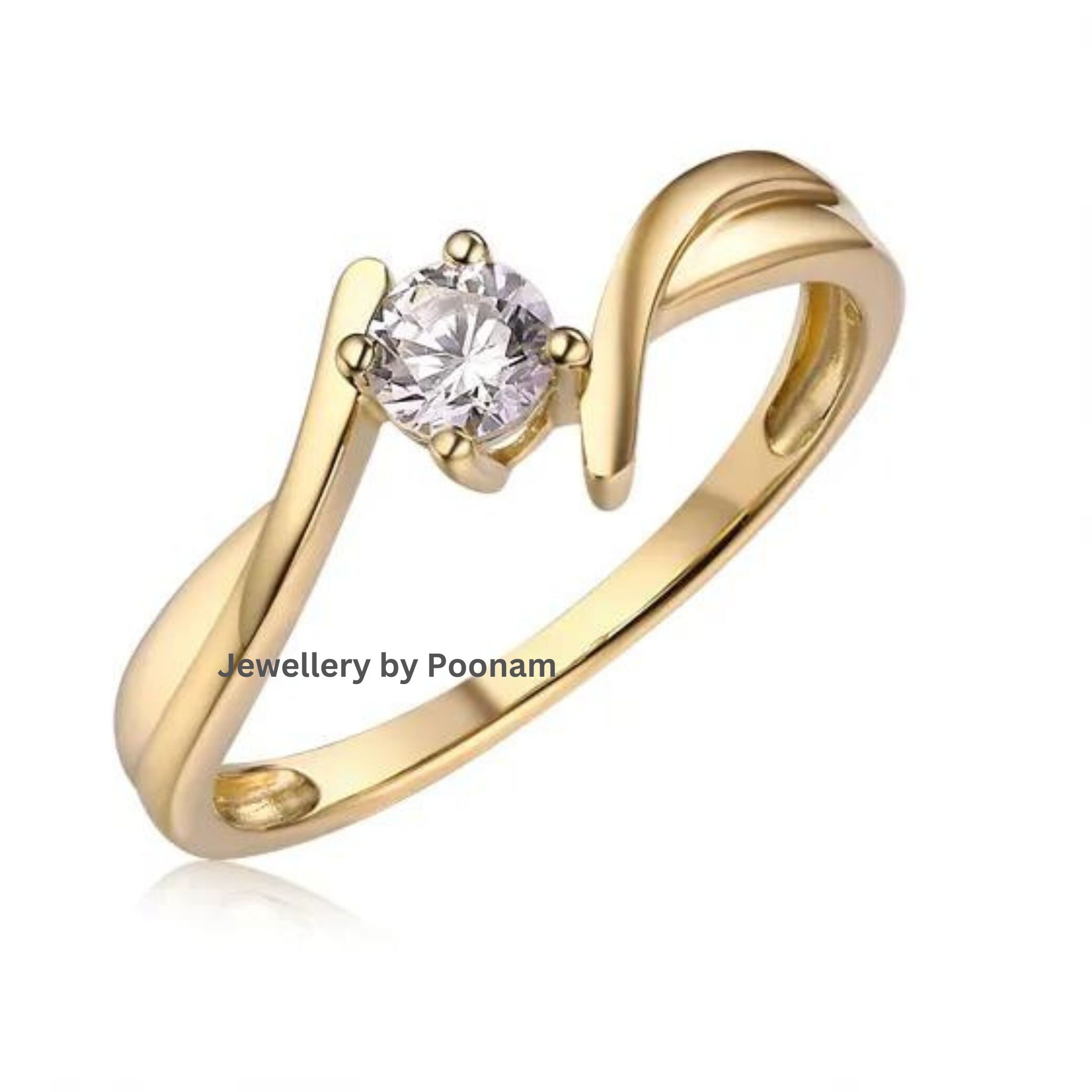 Light 925 Plated Gold Zirconia Diamond Classic Engagement Wedding Ring Women - Jewelry By Poonam | SKU: R-1047