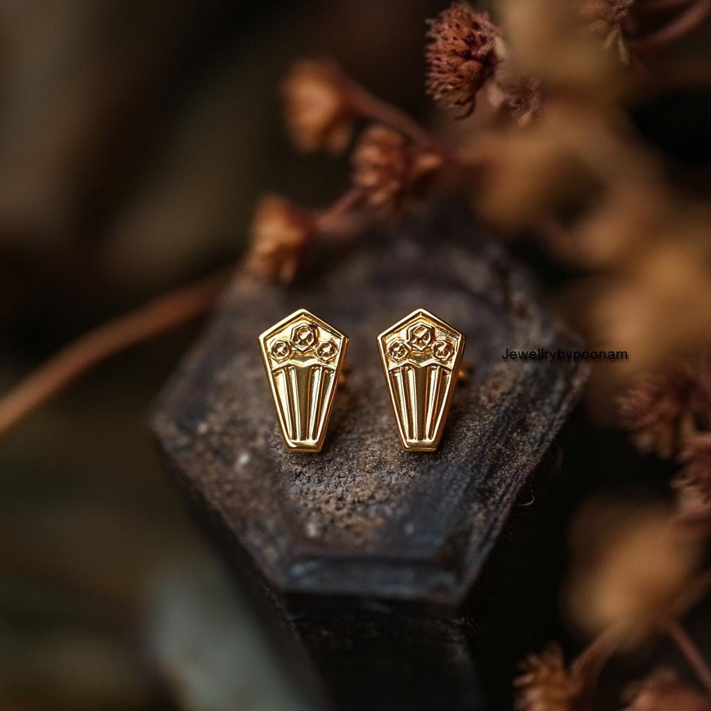 925 Sterling Silver Coffin Stud Earrings — Halloween Jewelry - View 2 - Jewelry By Poonam | SKU: PJE1805-SLYG-10M