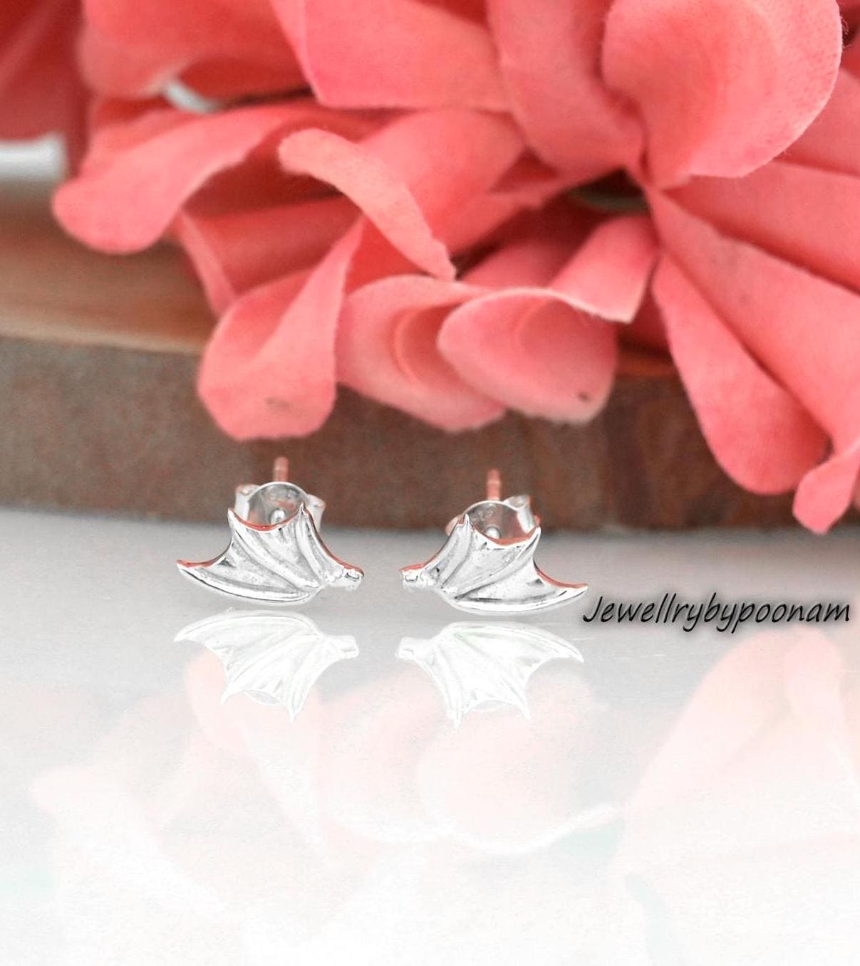925 Sterling Silver Dragon Wing Stud Earrings, 10MM, Gothic Minimal Animal Jewelry - Jewelry By Poonam | SKU: PJE1703-SLNS-10