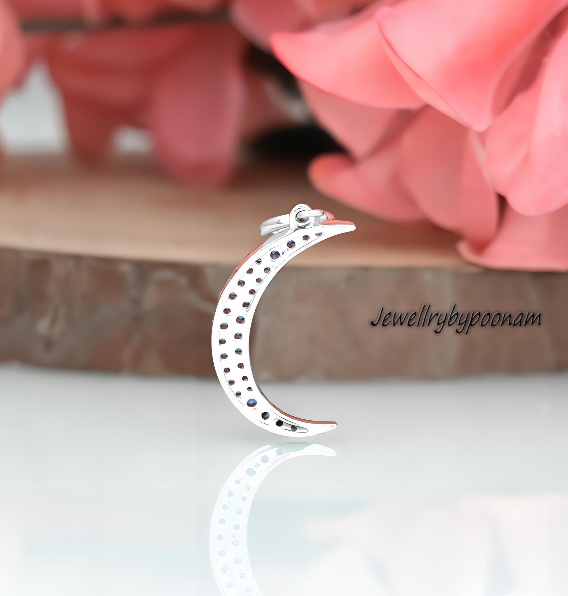 925 Sterling Silver Crescent Moon Pendant: Diamond Half Moon Charm (30 MM) - View 3 - Jewelry By Poonam | SKU: PJP4271-SLNSBC