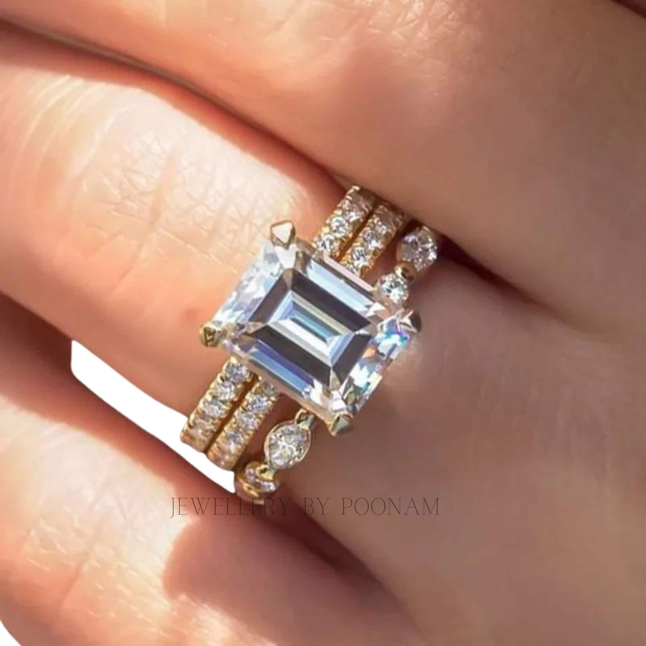 Yellow Gold Emerald Cut Moissanite 3PC Wedding Set - Sterling Silver Bridal Jewelry - View 3 - Jewelry By Poonam | SKU: R-120