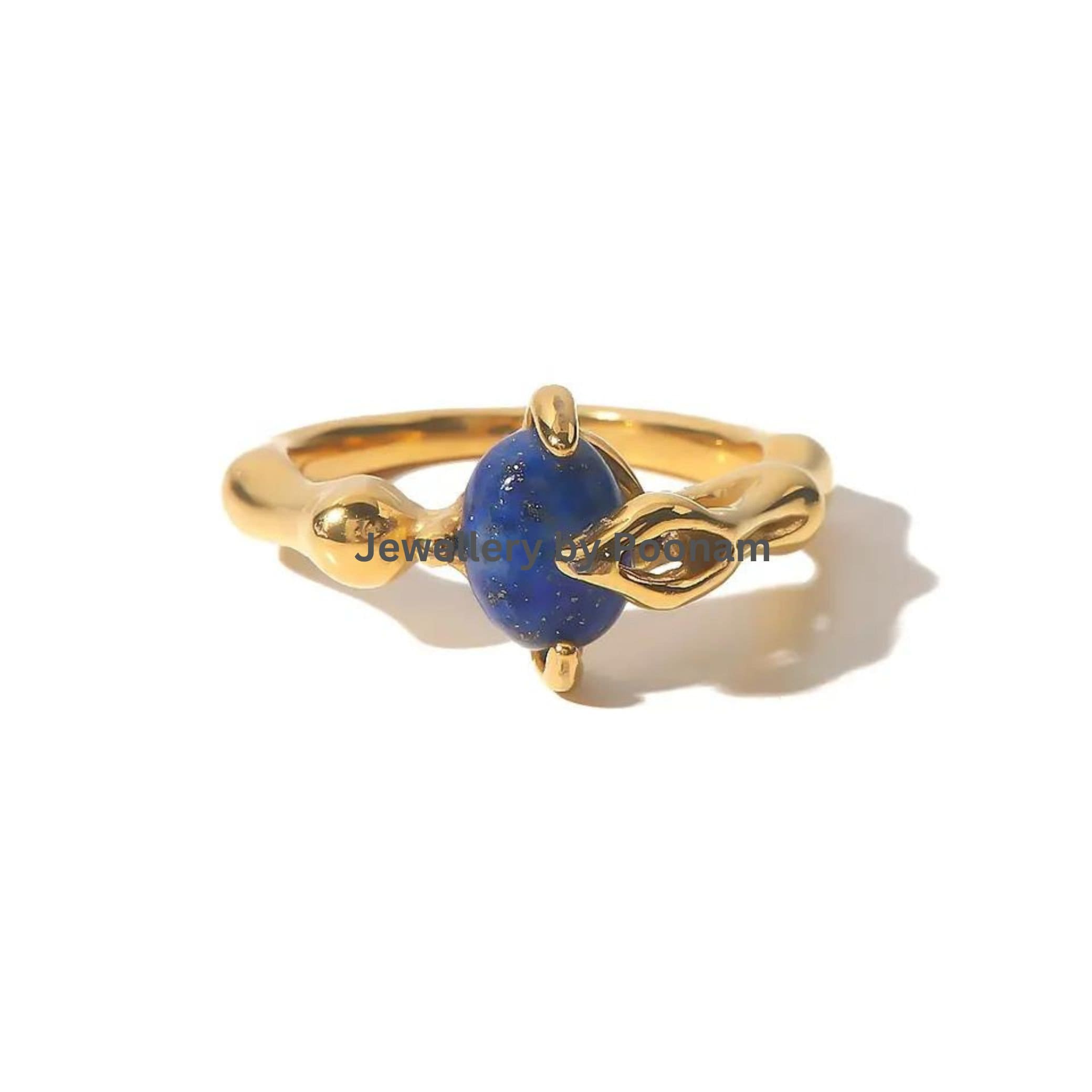 14K Gold Plated Lapis Lazuli Ring – French Oval Gemstone Stacking Band - Jewelry By Poonam | SKU: R-1083