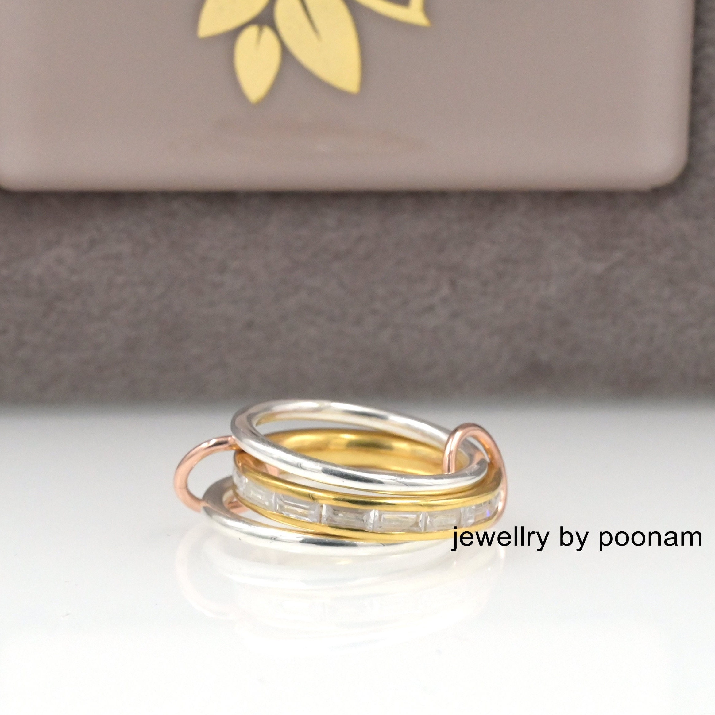 14k Gold-Plated Multi-Link Ring: 925 Sterling Silver White Topaz Interlocking Band Ring - View 3 - Jewelry By Poonam | SKU: P