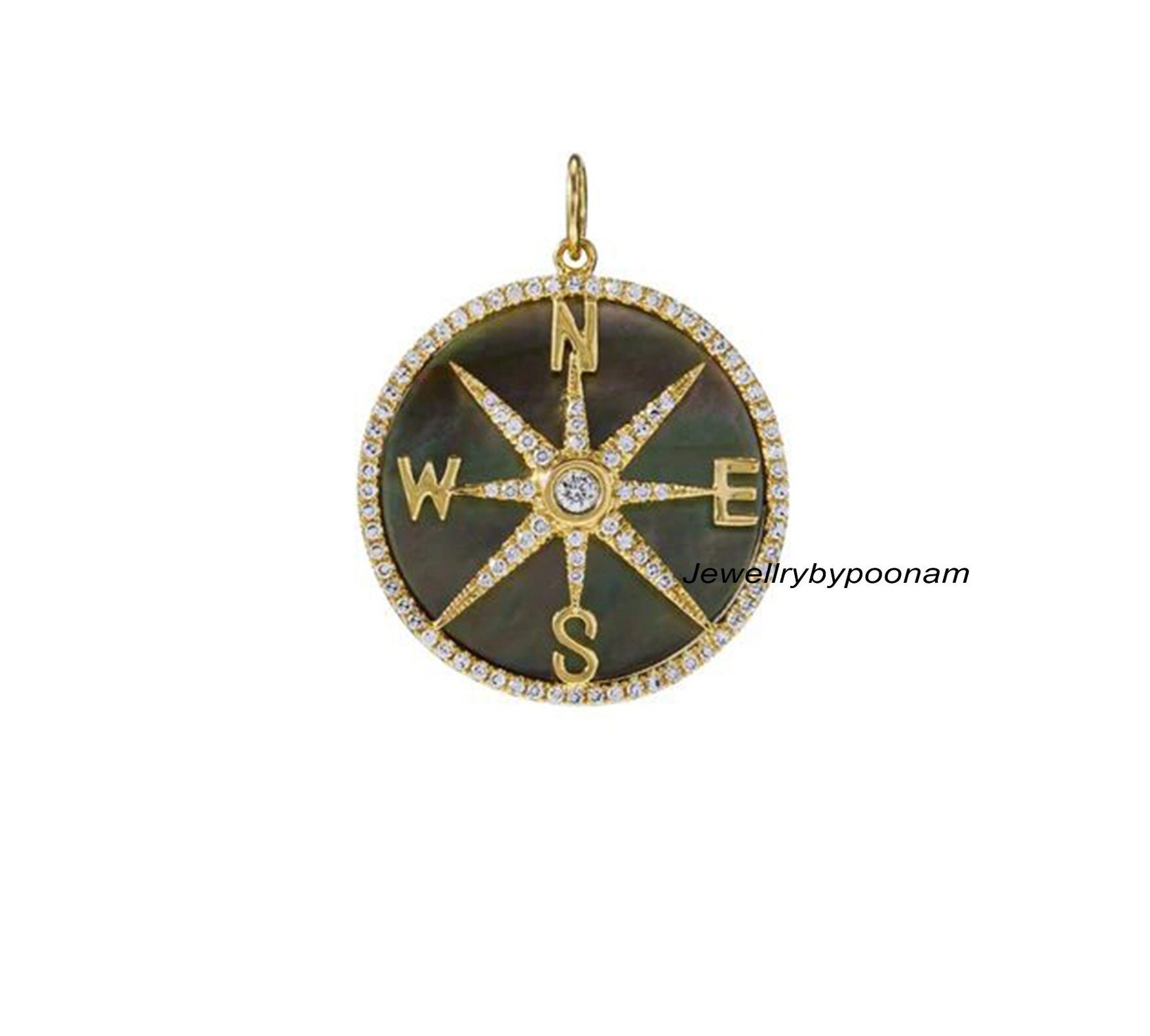 Moissanite Diamond Compass Pendant: 925 Sterling Silver Charm (30 MM) - View 2 - Jewelry By Poonam | SKU: PJP4822-SLYGMOPMN-2