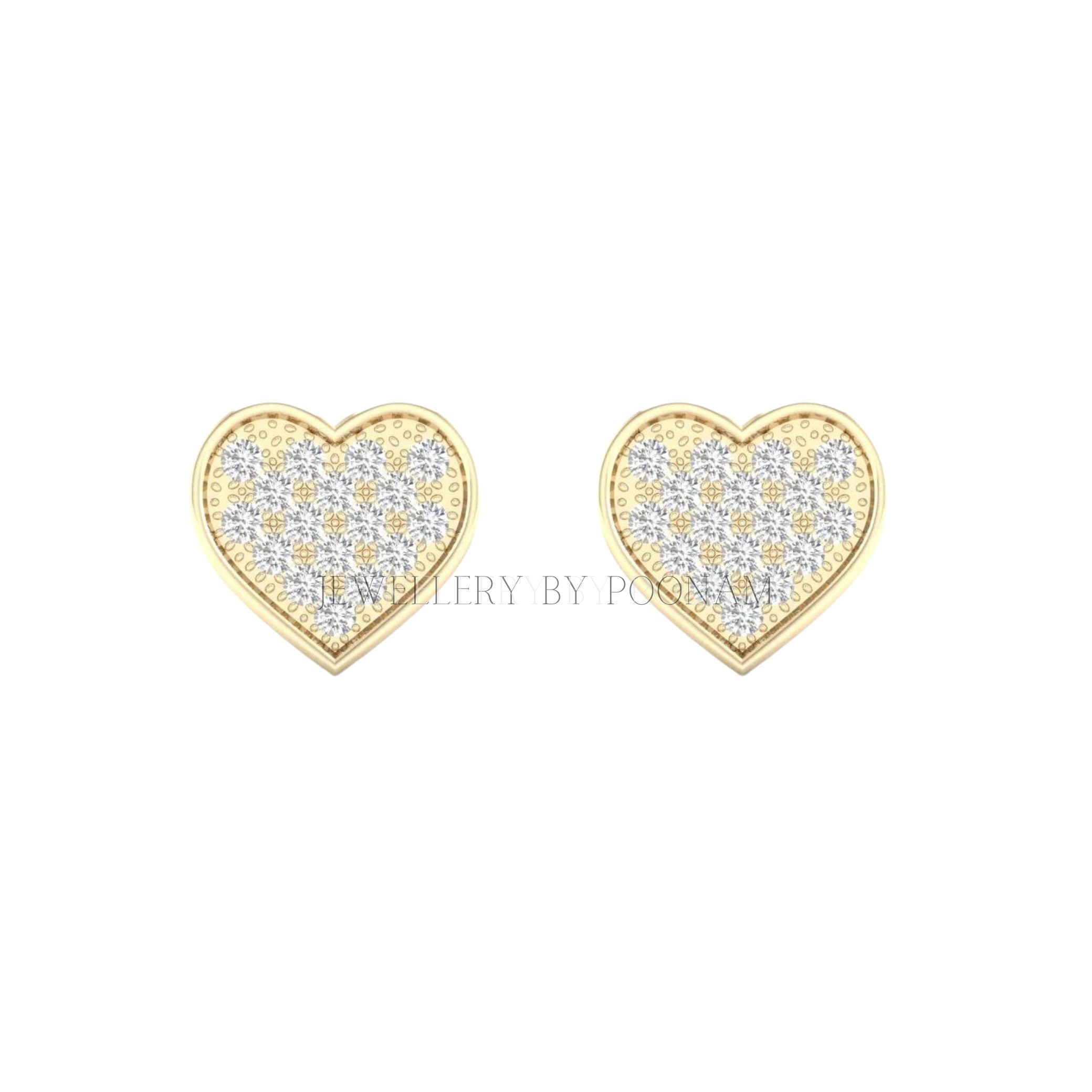 9K/14K Yellow Gold & 925 Sterling Silver Diamond Heart Earrings: Moissanite Studs - Jewelry By Poonam | SKU: E-131