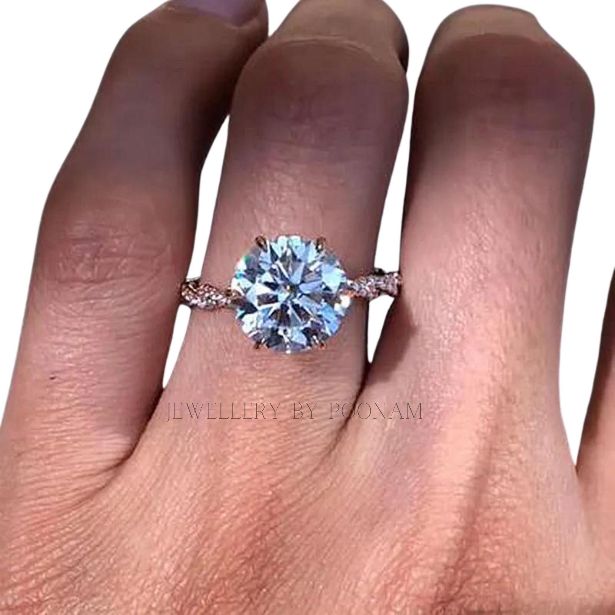 Rose Gold Twist Hidden Halo Round Cut Engagement Ring | Sterling Silver - View 3 - Jewelry By Poonam | SKU: R-1188