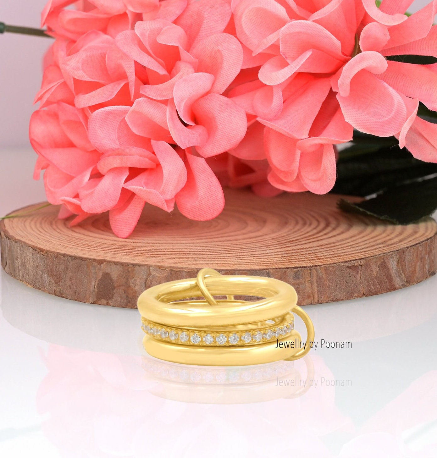 14K Gold-Plated Multi-Link Connected Ring; Chunky Gold Connector Band Ring - Jewelry By Poonam | SKU: PJR820- 2/26