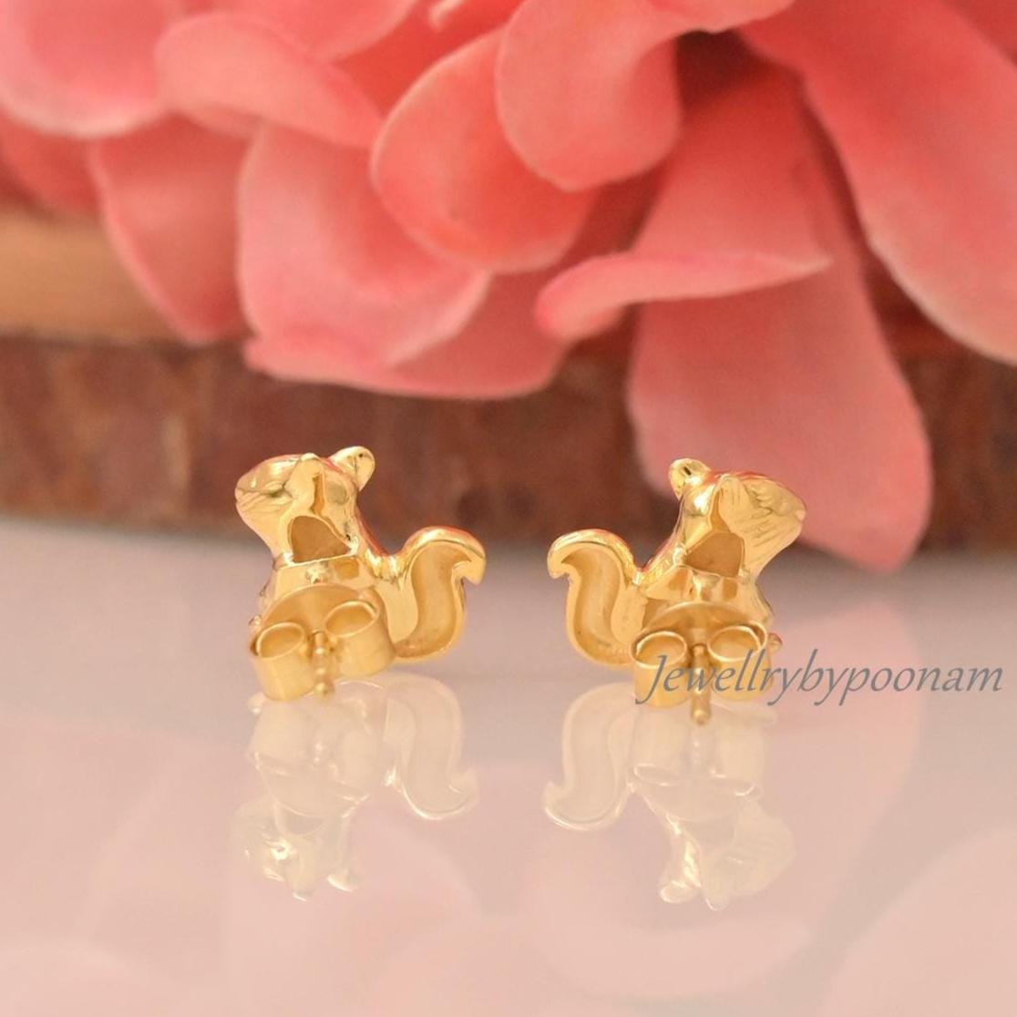 Gold Plated Squirrel Stud Earrings: 925 Silver, Handmade Squirrel Stud Earrings - View 3 - Jewelry By Poonam | SKU: PJE1804-S