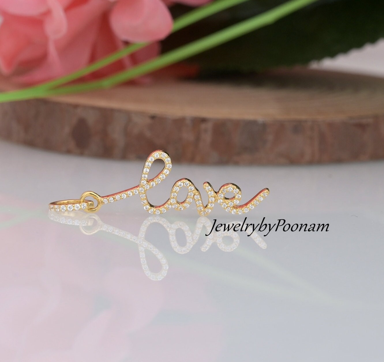 14k Solid Gold LOVE Diamond Pendant: Cursive love Pendant CZ Charm - Jewelry By Poonam | SKU: PJP3291-SLYGCZ-40M 2/26