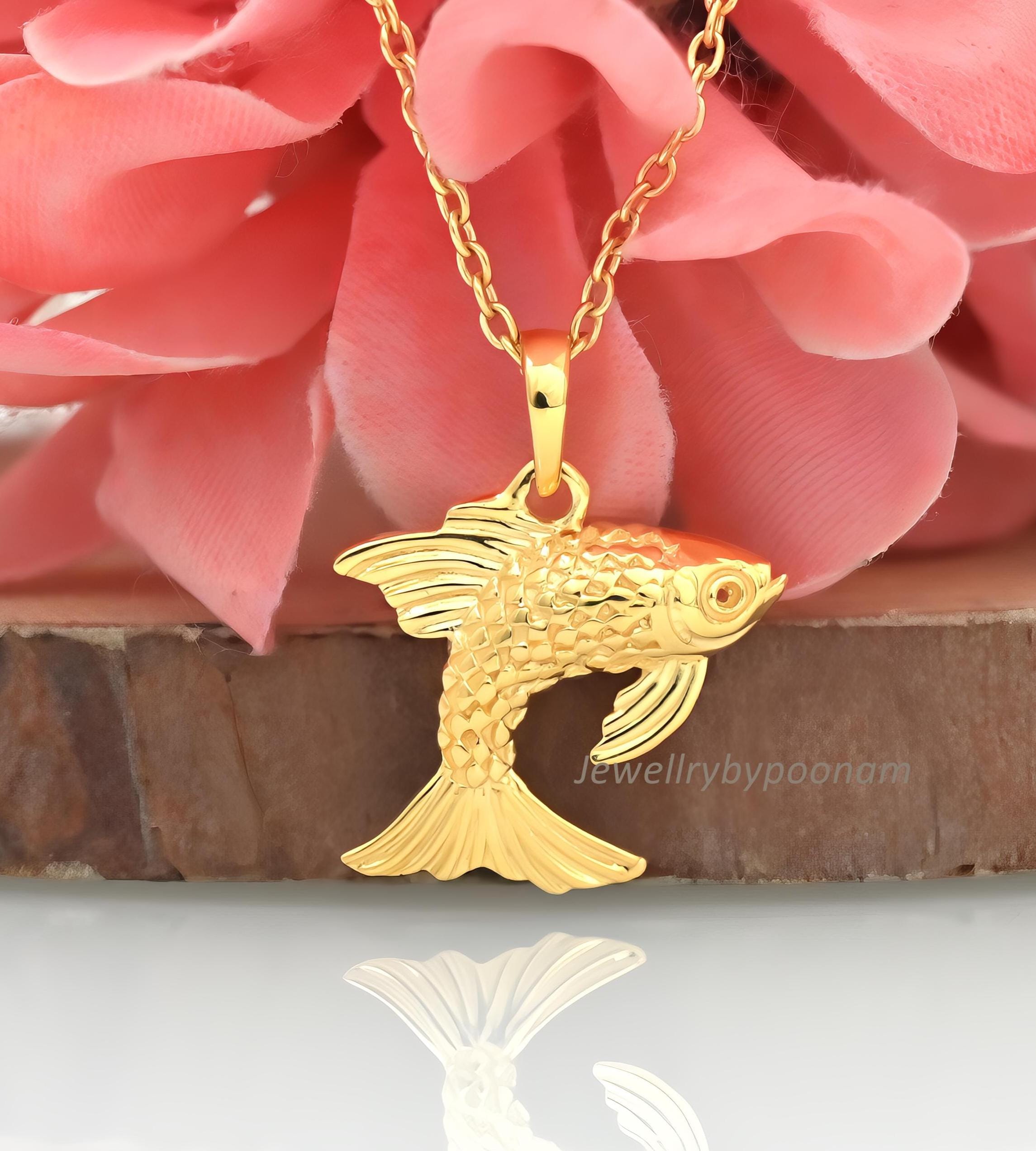 14K Solid Gold Fish Pendant; Sealife Animal Fish Pendant - Jewelry By Poonam | SKU: PJP4693-SLYG-20M 2/26