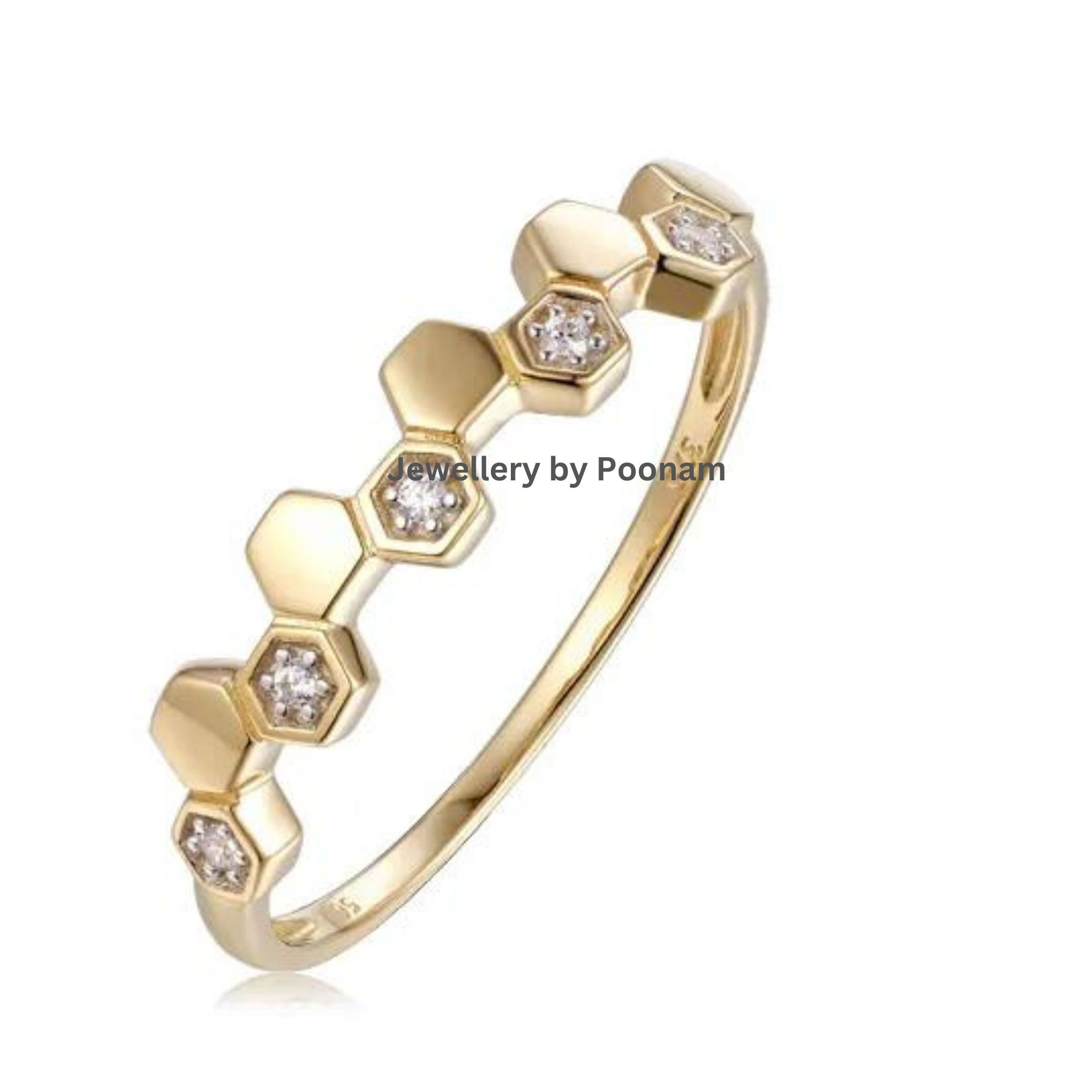 9K Gold Hexagon Ring: Cubic Zircon Engagement Ring - Jewelry By Poonam | SKU: R-1057
