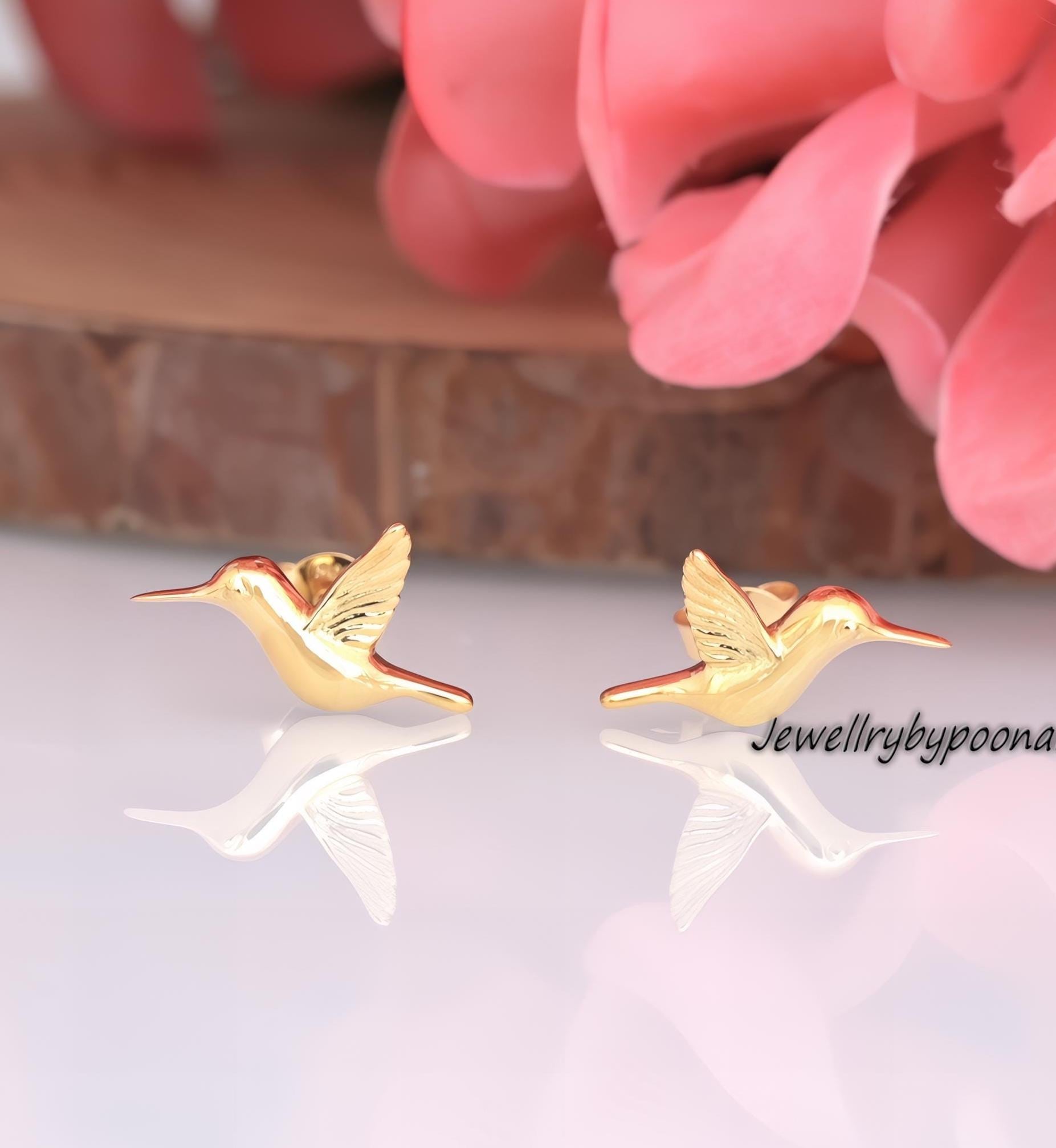 Gold-Plated Hummingbird Stud Earrings, Sterling Silver Dainty Bird Nature Jewelry - Jewelry By Poonam | SKU: PJE1706-SLYG-10M