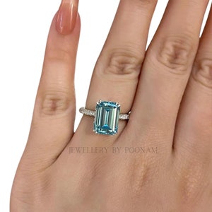 Vintage Emerald Cut Aquamarine Ring, Aquamarine Engagement Ring, Aquamarine Diamond Ring, Unique Prong Set Ring, March Birthstone Gifts