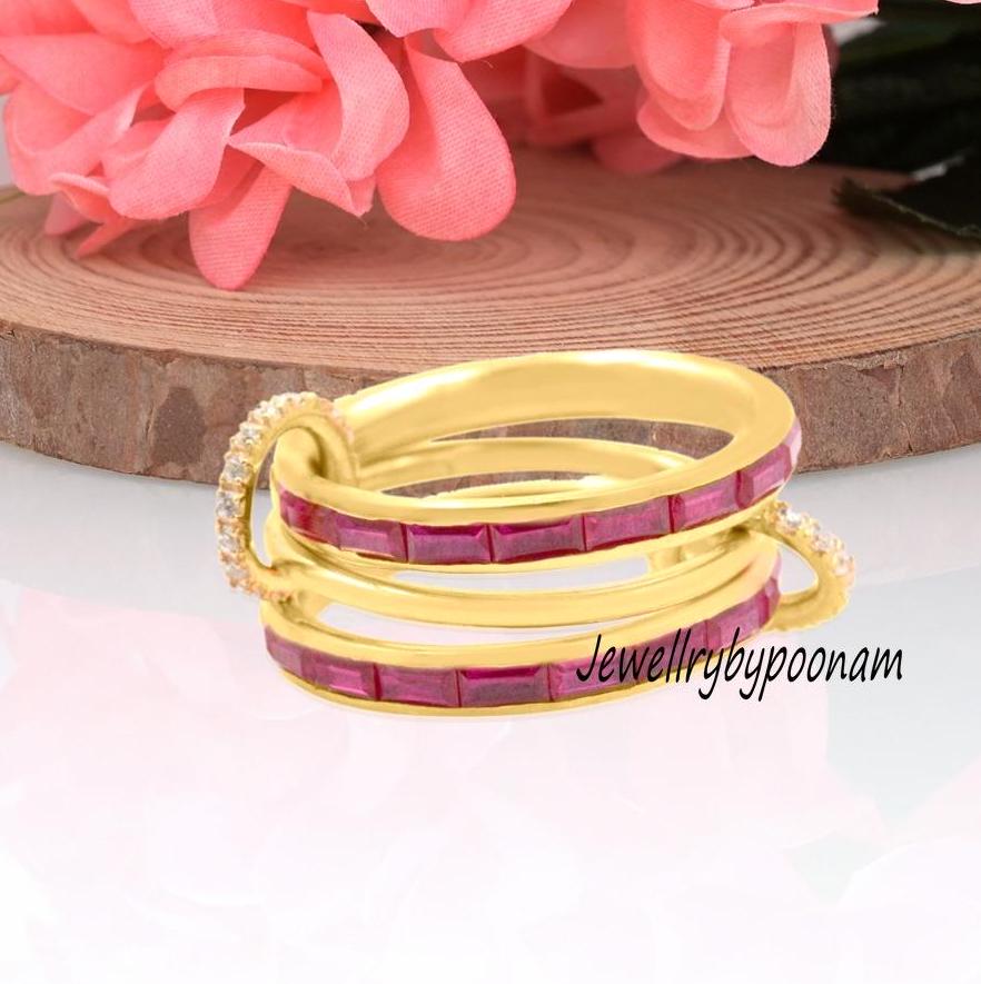 14k Gold Plated Pink Sapphire Baguette Ring, 925 Sterling Silver Band - Jewelry By Poonam | SKU: PJR999-SLYGBTTPSPWT-US-8 2/2