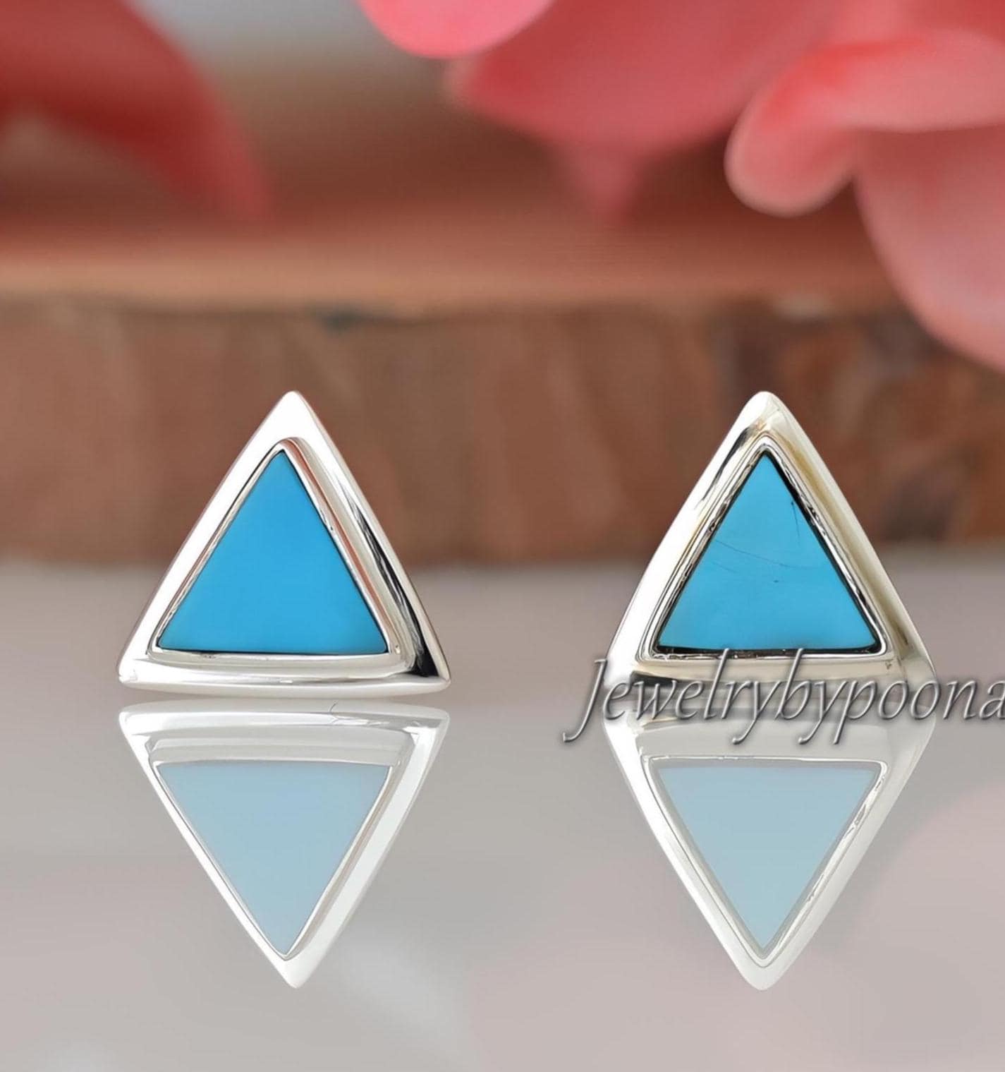 Sterling Silver Turquoise Triangle Stud Earrings: 10mm Gemstone Studs - View 4 - Jewelry By Poonam | SKU: PJE1861-SLNSTQ-10M