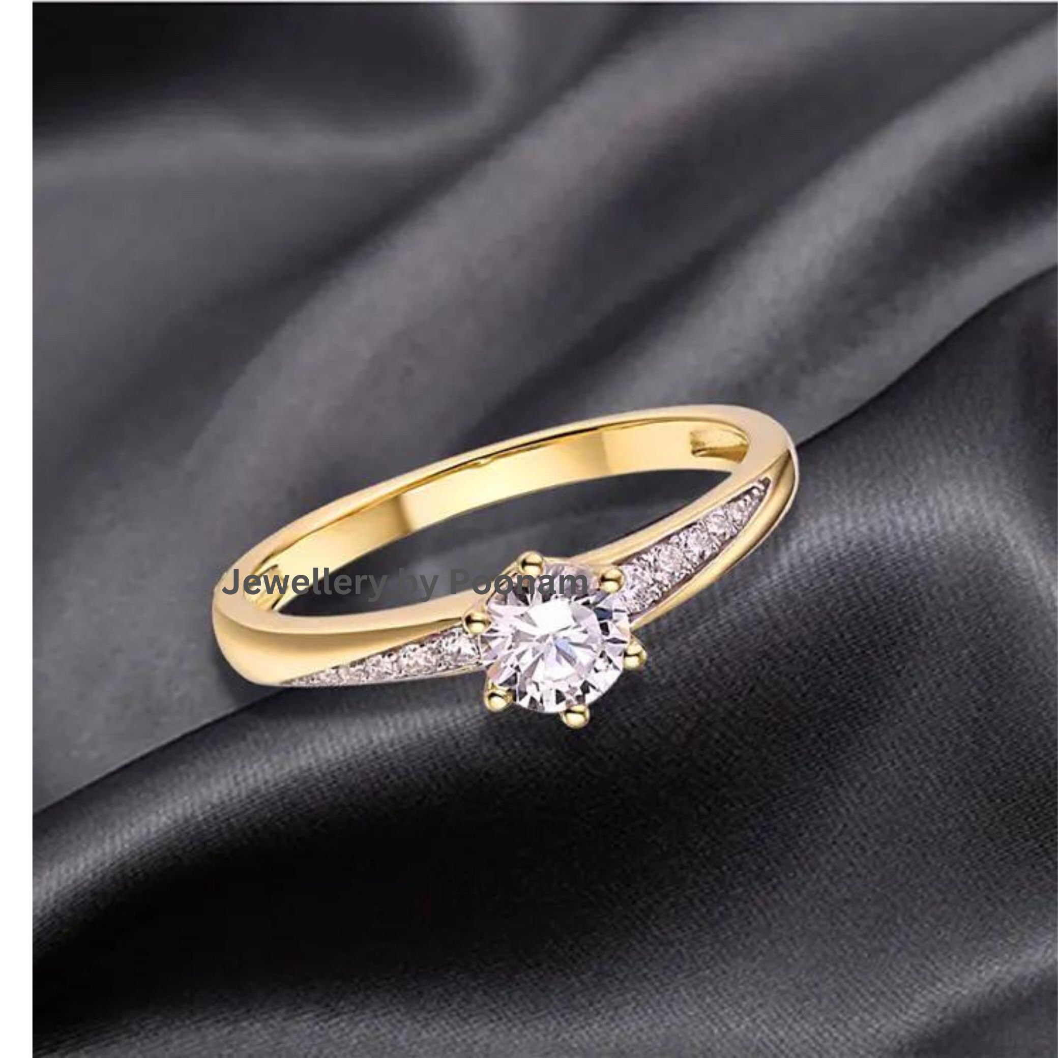 Moissanite Diamond Yellow Gold Ring: CZ Accent Wedding Jewelry - View 2 - Jewelry By Poonam | SKU: R-1035