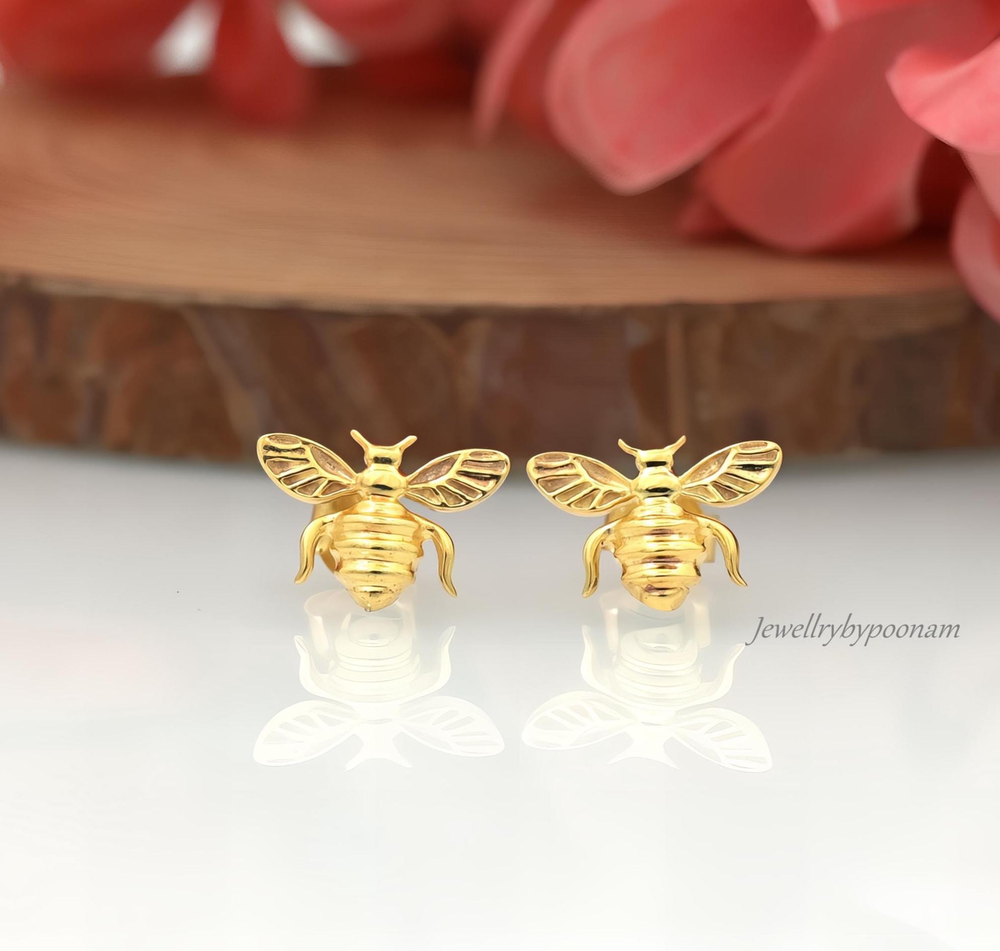 925 Sterling Silver Bee Stud Earrings — Handmade Dainty Jewelry - Jewelry By Poonam | SKU: PJE1739-SLYG-10M 2/2026