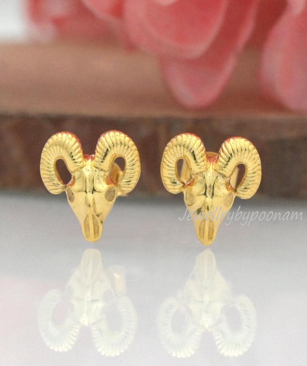 925 Sterling Silver Bighorn Sheep Skull Stud Earrings – Dainty Gold Rams Head Jewelry - Jewelry By Poonam | SKU: PJE1745-SLYG