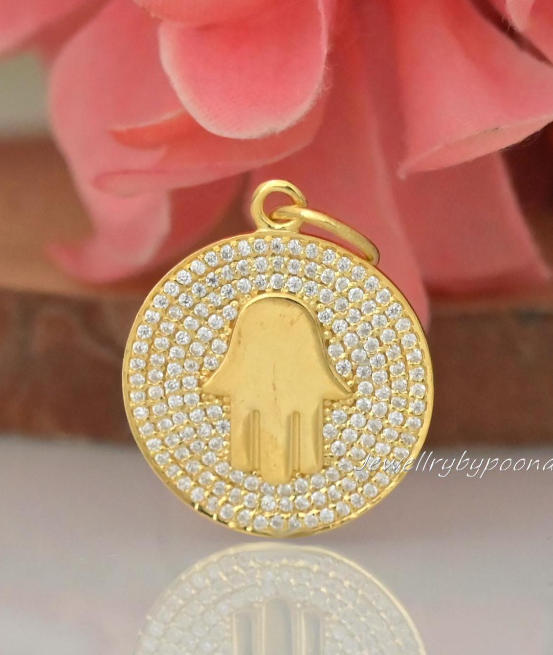 Hamsa Diamond Sterling Silver Pendant: Handmade Charm Jewelry - Jewelry By Poonam | SKU: PJP4818-SLYGMN-30 2/26