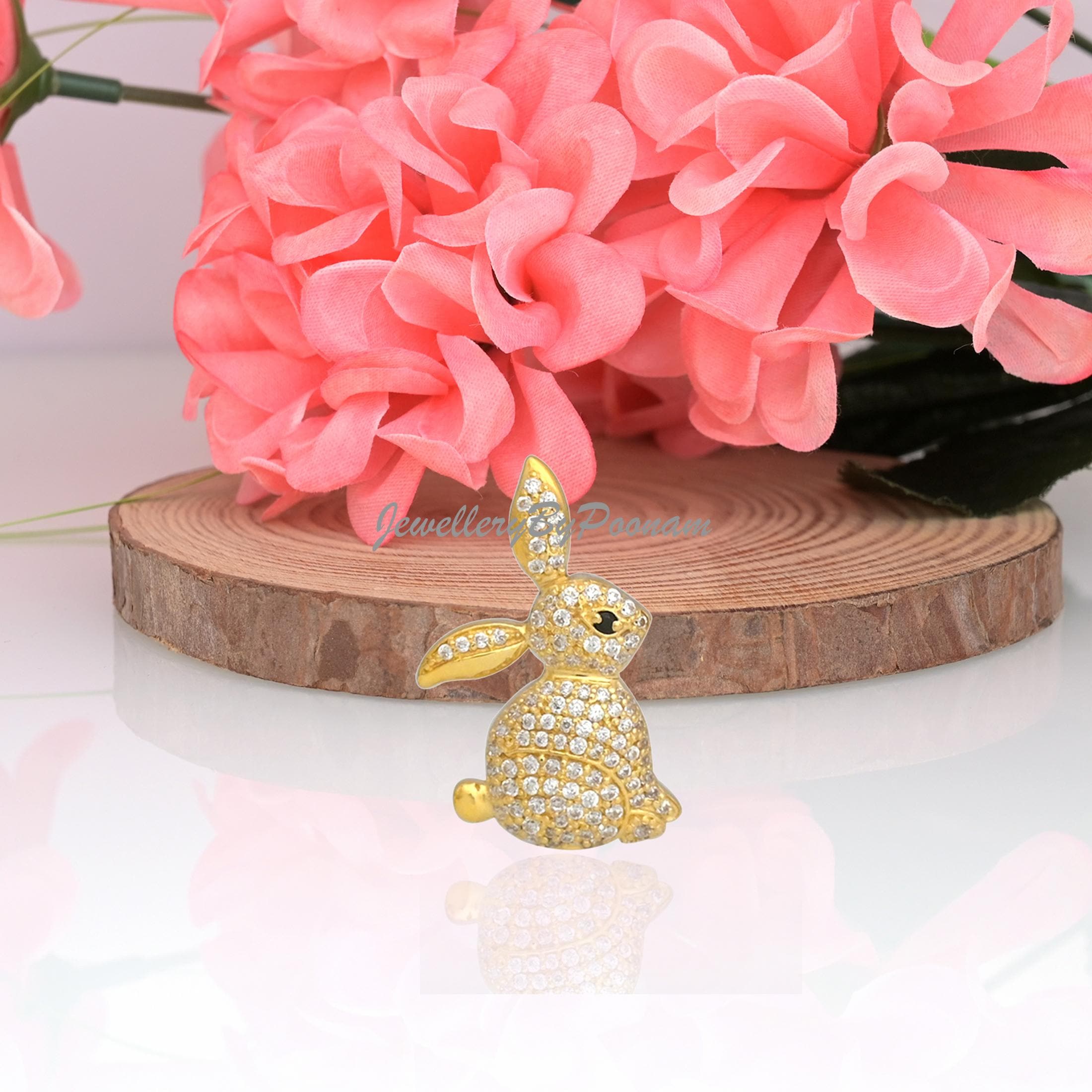 Solid 9K/14K Gold Bunny Pendant with CZ Diamonds, Black Spinel Eye - Jewelry By Poonam | SKU: PJP3490-SLYGCZBS-25M 2/26