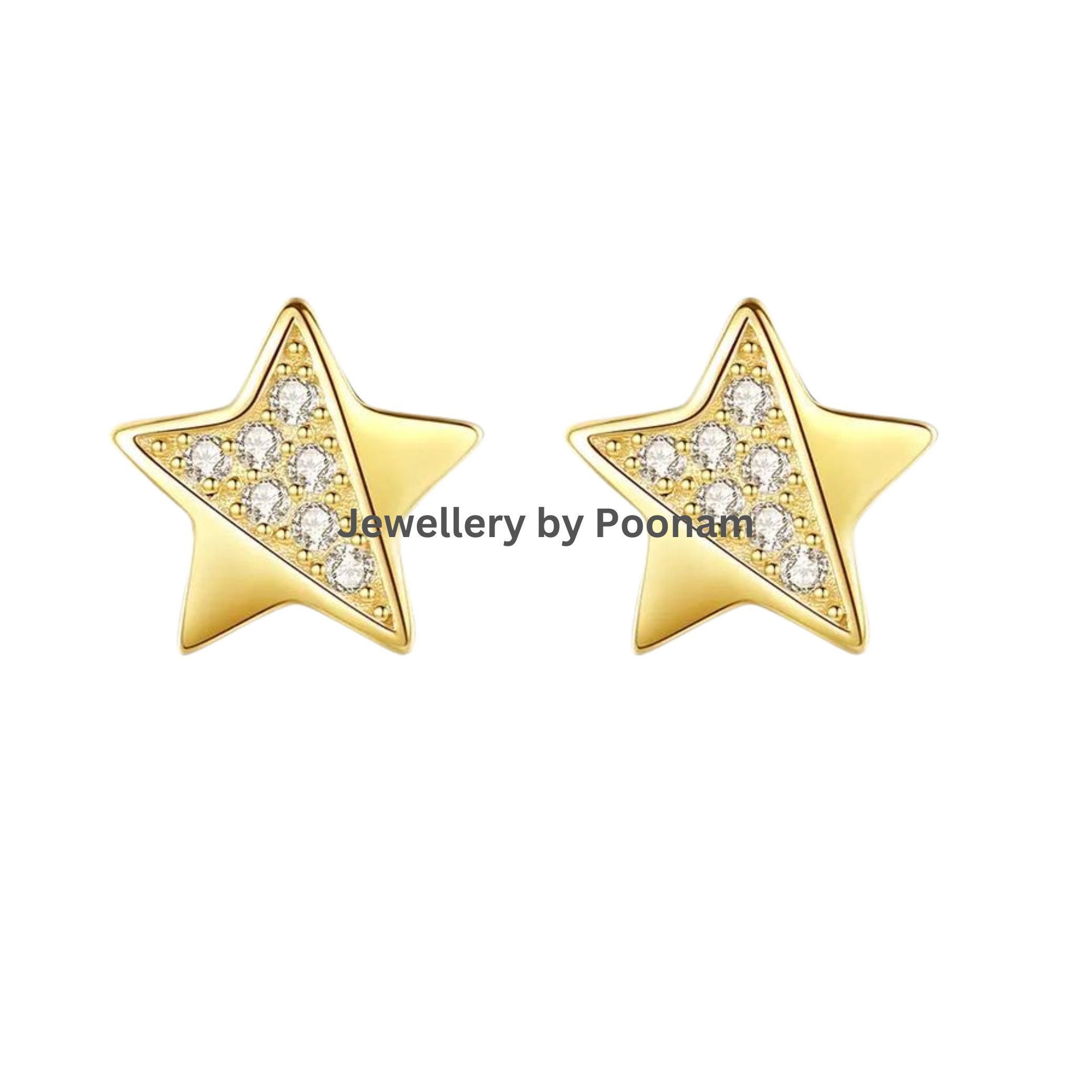 9K/14K Gold & Sterling Silver Star Stud Earrings | Cubic Zirconia Pave Sparkling Minimalist Jewelry - Jewelry By Poonam | SKU