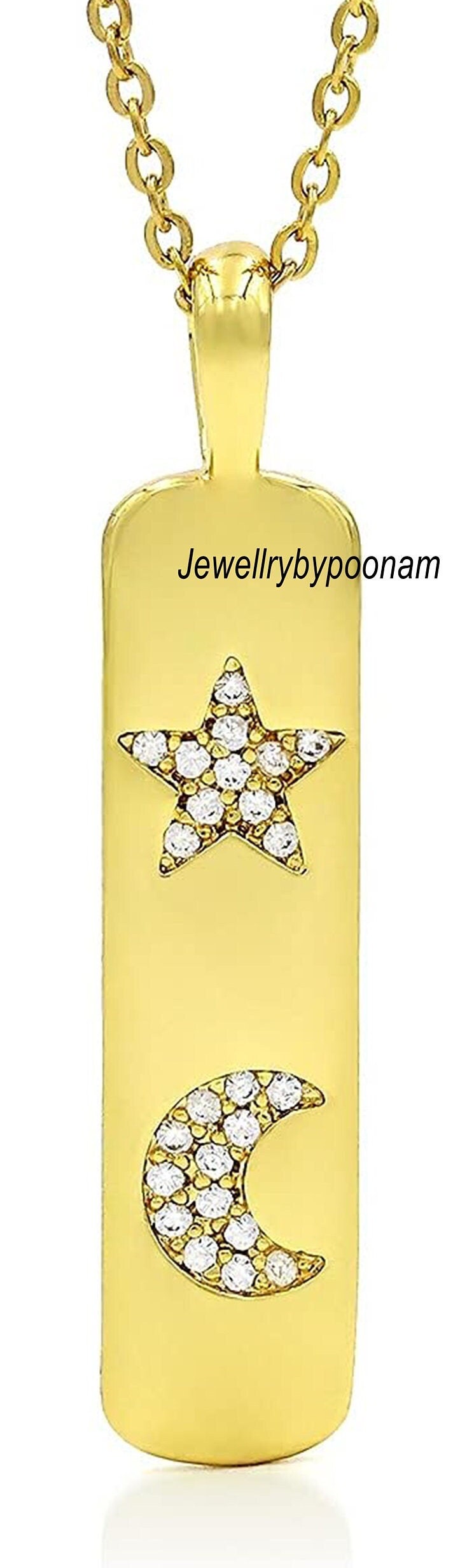 Dog Tag Moon & Star Diamond 925 Sterling Silver Pendant,Dog Tag Silver Diamond Charm, 14k Solid Gold Dog Tag Moon and Star D