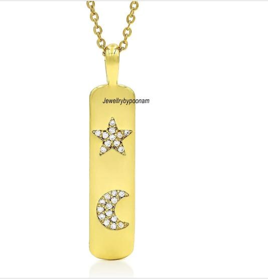 Dog Tag Moon & Star Diamond 925 Sterling Silver Pendant,Dog Tag Silver Diamond Charm, 14k Solid Gold Dog Tag Moon and Star D