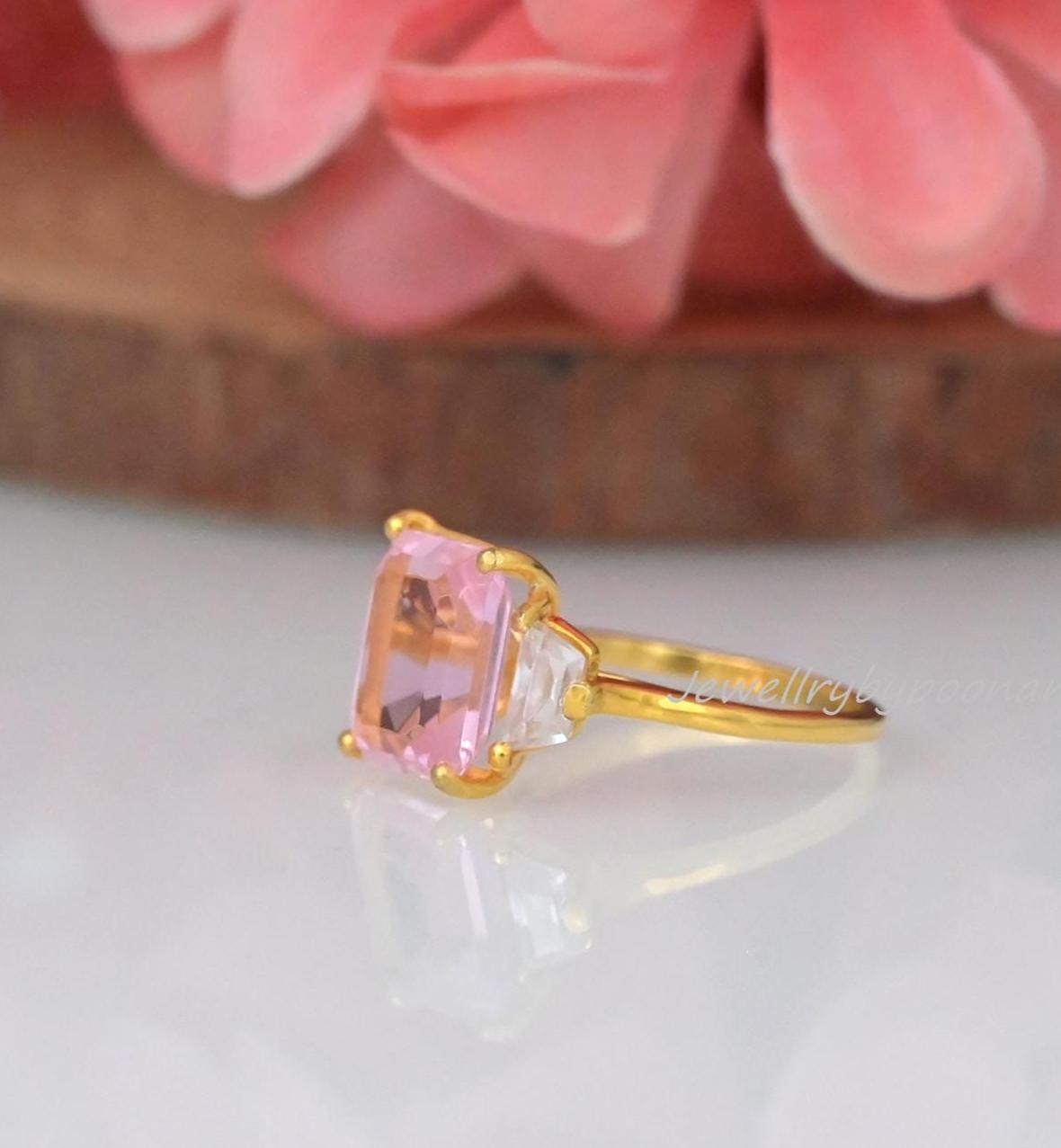 Sterling Silver Three Stone Morganite Engagement Ring - Emerald Cut - View 3 - Jewelry By Poonam | SKU: PJR2953-SLYGPCZWCZ-US