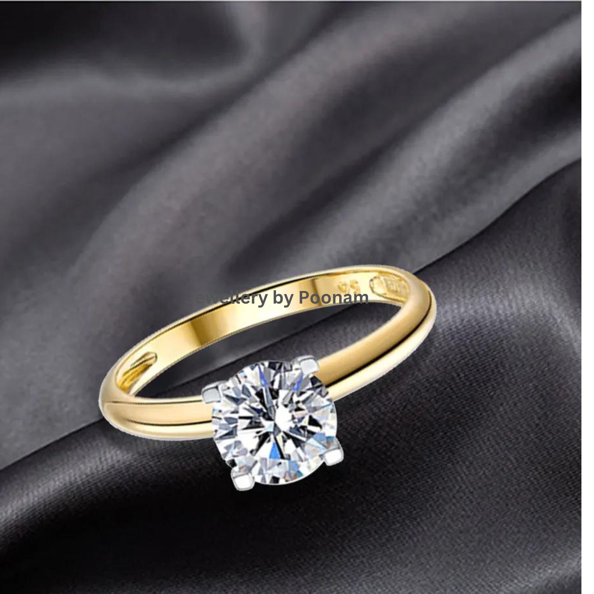 14k Solid Gold Moissanite Diamond Ring | Custom Engagement Wedding Band - View 2 - Jewelry By Poonam | SKU: R-1069
