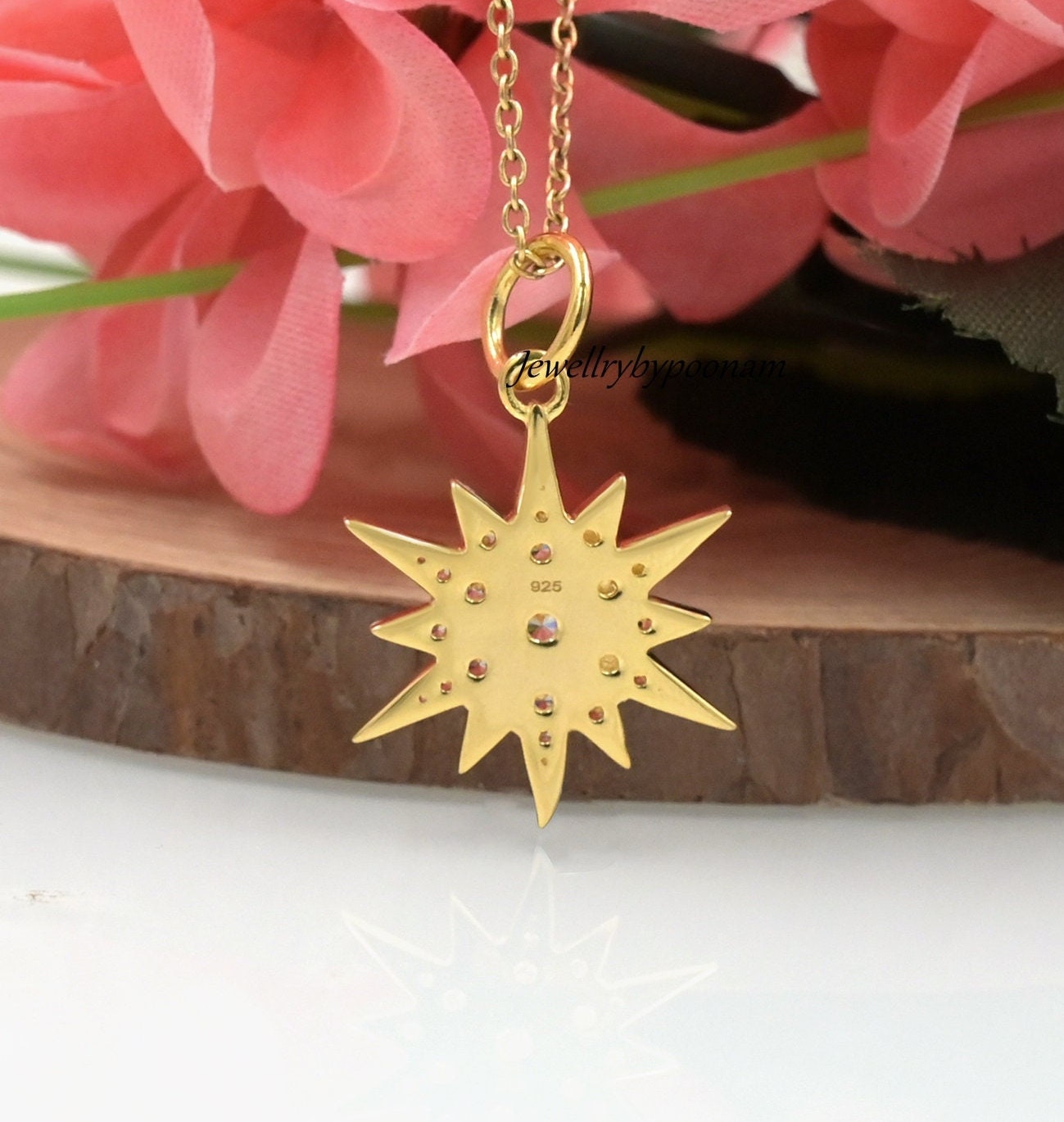 14K Gold Diamond Starburst Pendant: Moissanite Star Charm - View 3 - Jewelry By Poonam | SKU: PJP3196-SLYGCZ-25M 2/26