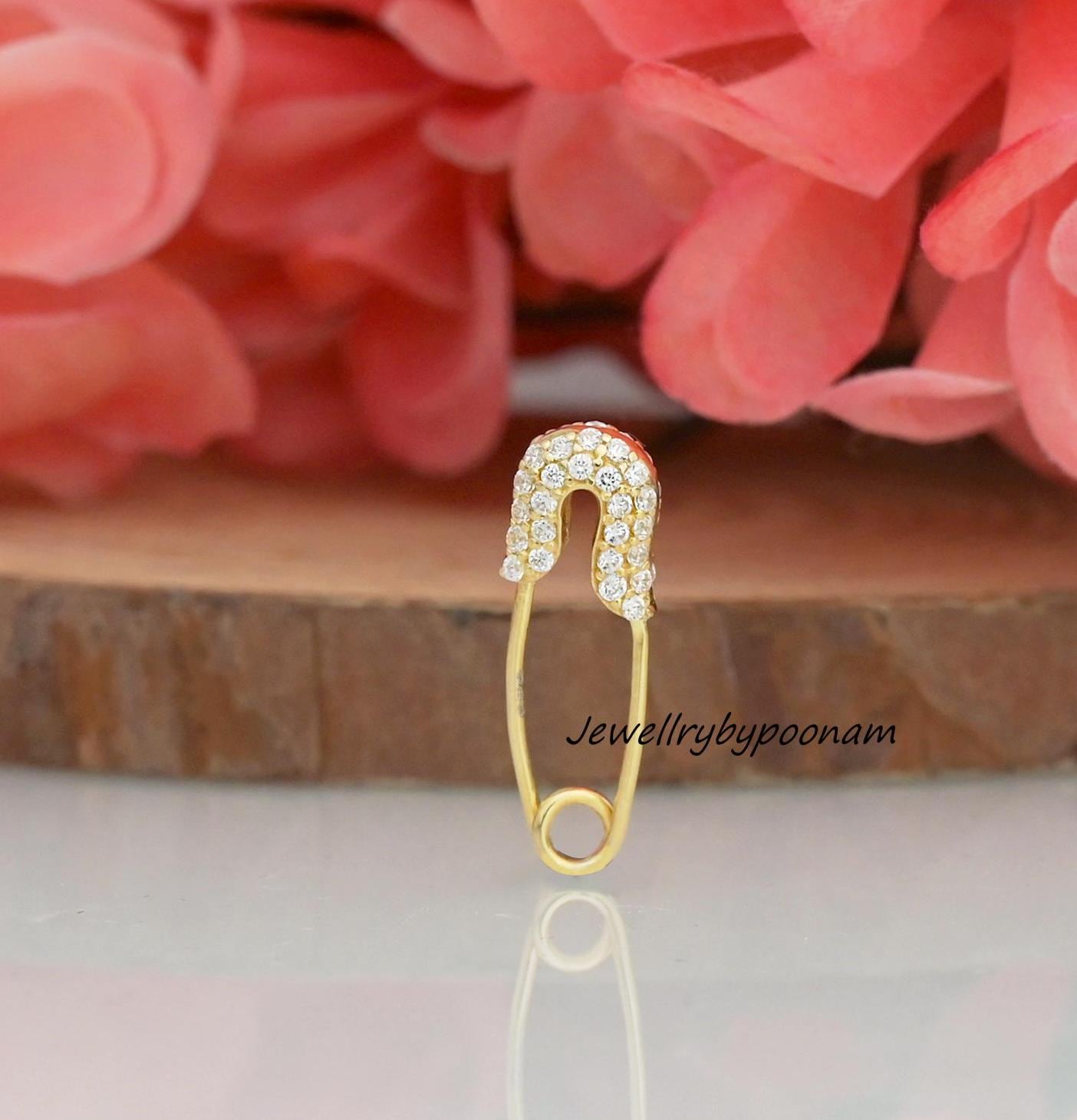 14k Gold Diamond Safety Pin Charm Lock: Sterling Silver Enhancer - Jewelry By Poonam | SKU: PJH2608-SLYGCZ-23MM 2/26