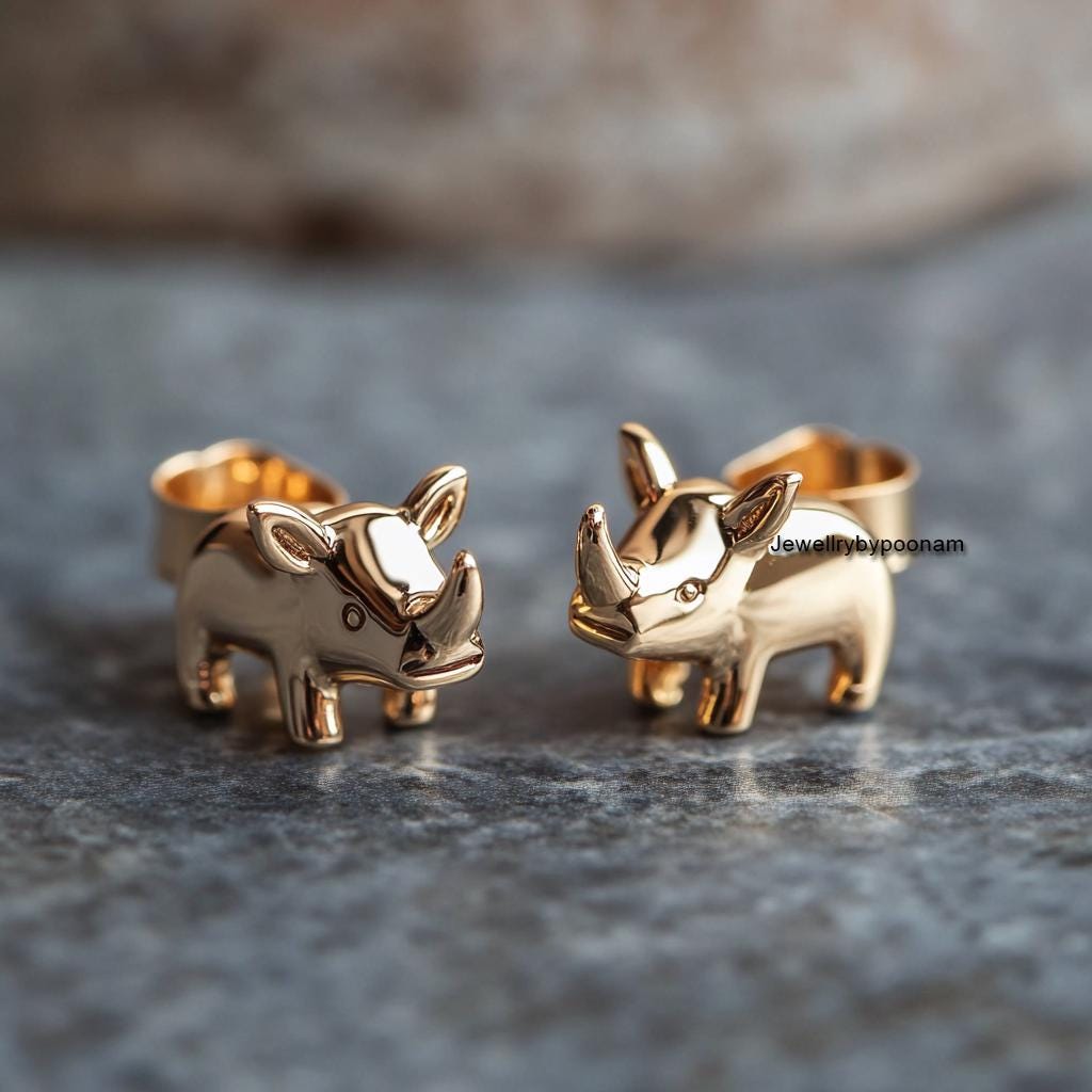 Tiny Rhino Stud Earrings in 925 Sterling Silver — Handmade Rhinoceros Earrings - View 3 - Jewelry By Poonam | SKU: PJE1693-SL