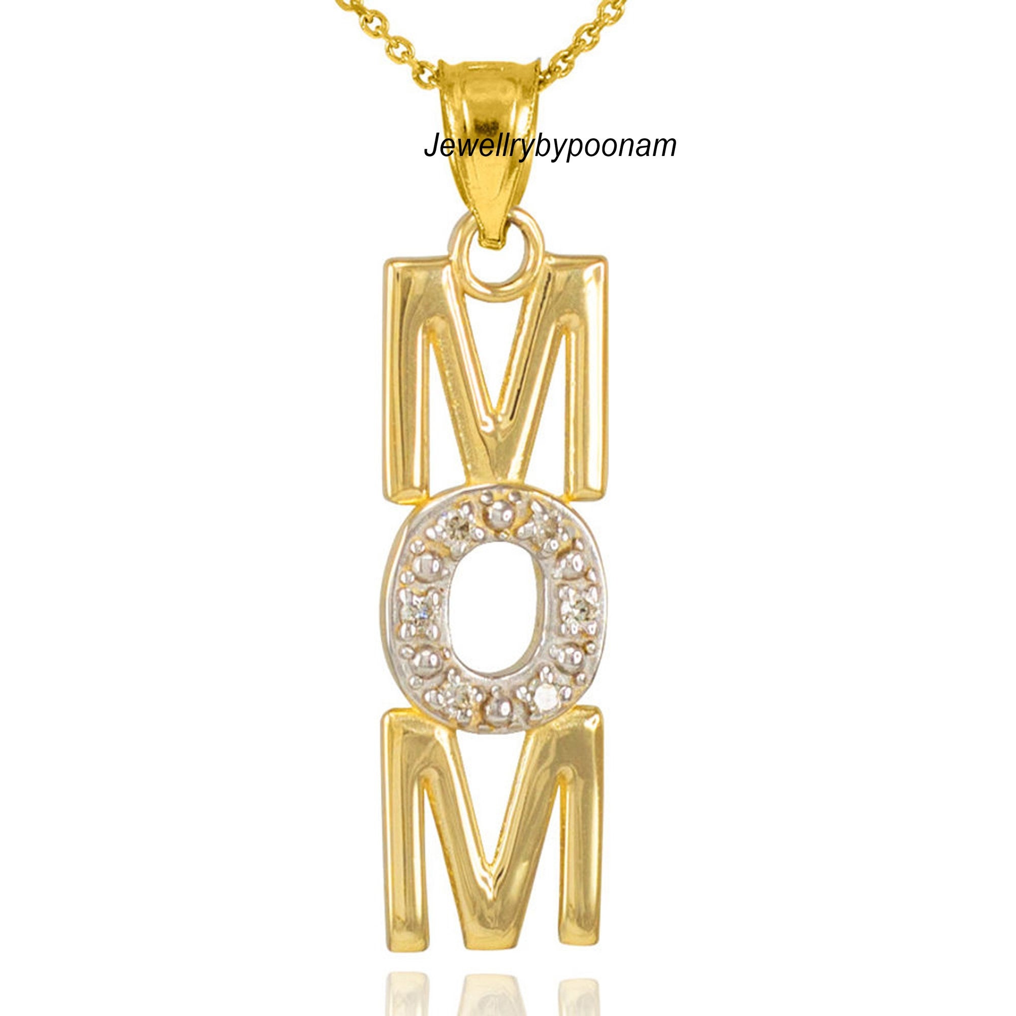 14k Solid Gold MOM Pendant: Moissanite Diamond, Handmade Charm - View 3 - Jewelry By Poonam | SKU: PJP--4251-14kYGMN-25M 2/26