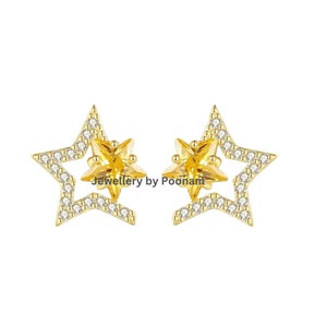 14k Yellow Gold Plated Star Stud Earrings, Double Stars CZ Stud Earrings,14K Yellow Gold Moissanite 2 Star Stud Earrings