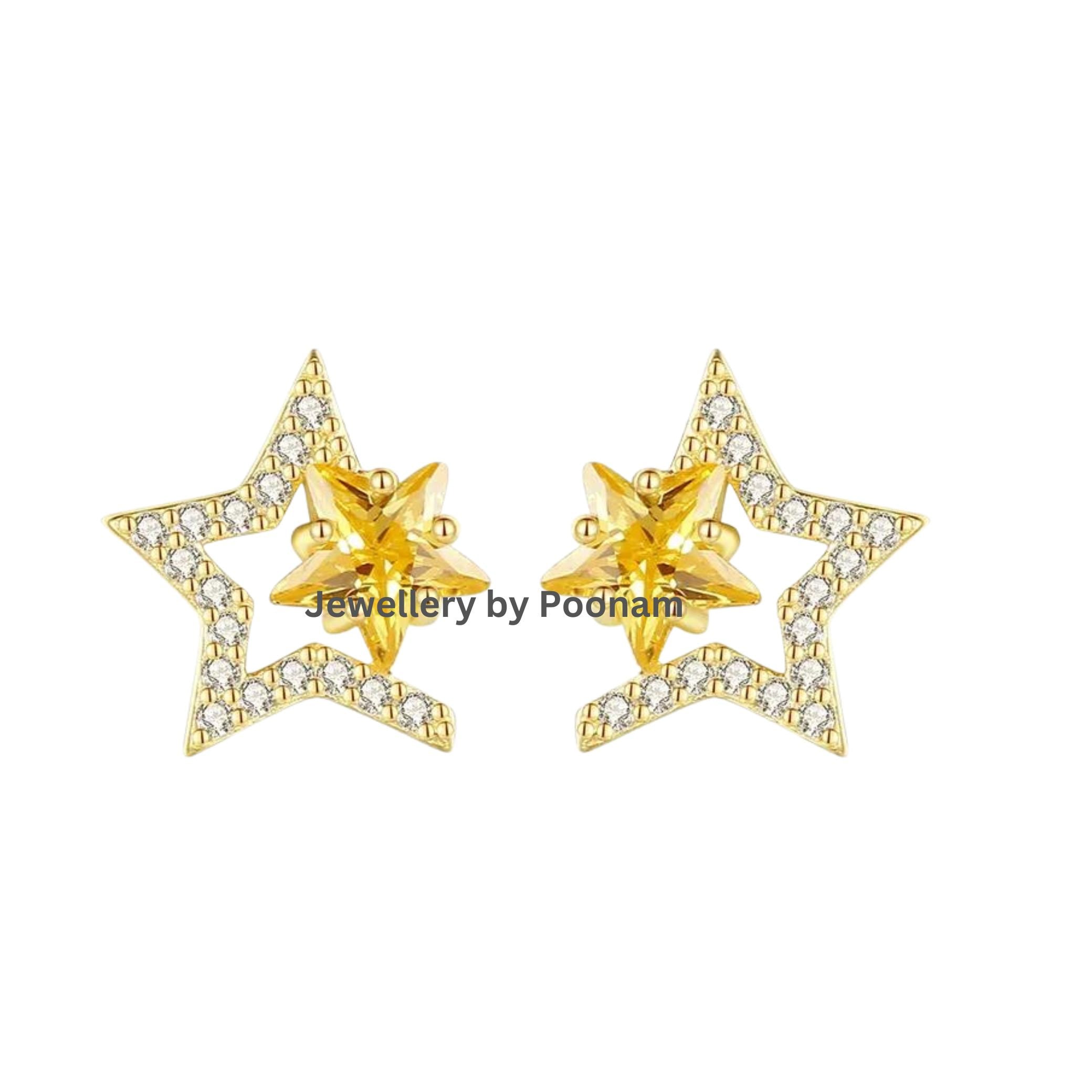 9K/14K Yellow Gold & 925 Sterling Moissanite Star Stud Earrings: CZ Double Star Design - Jewelry By Poonam | SKU: E-102
