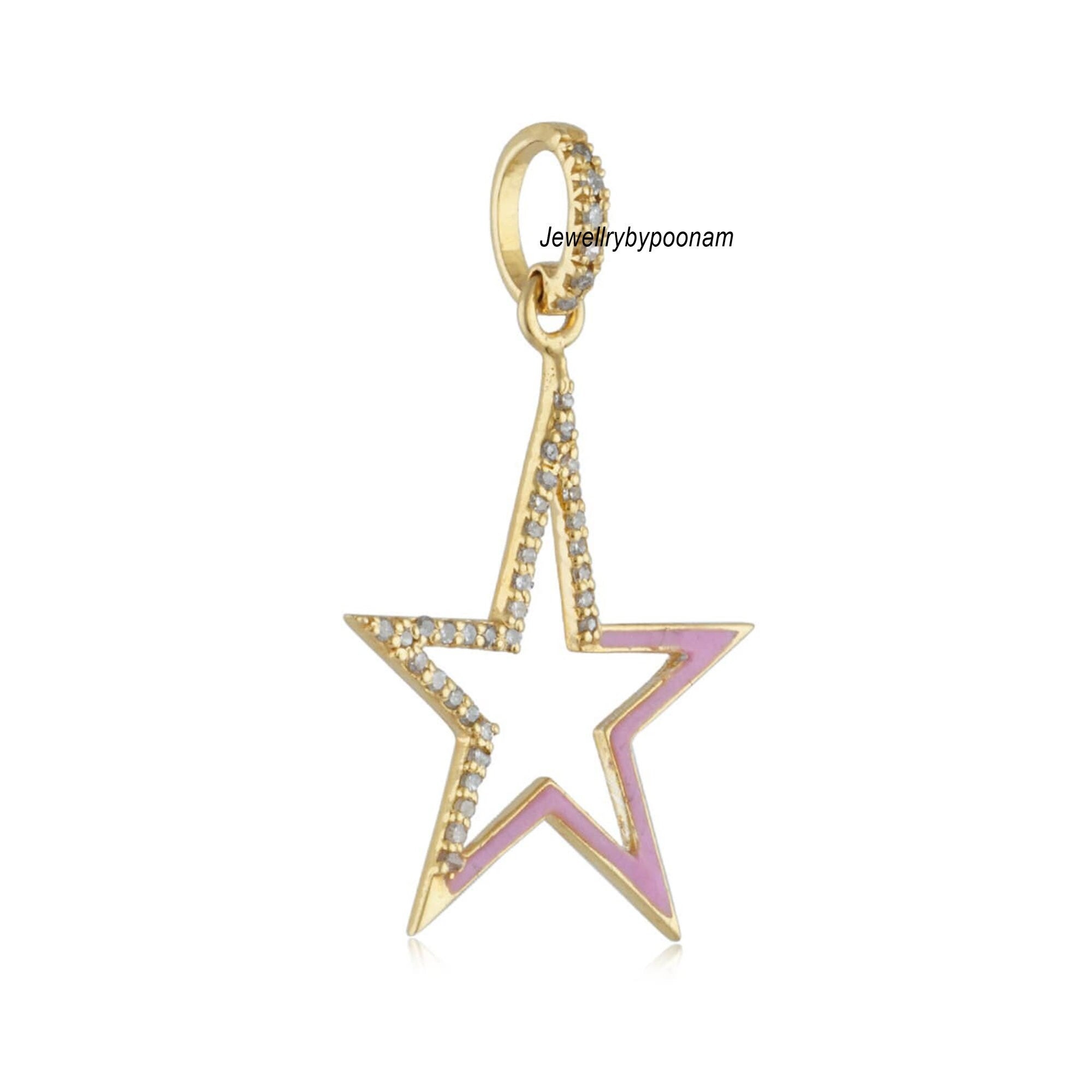 14k Gold Moissanite Star Pendant: Pink Enamel Sterling Silver Charm (30MM) - Jewelry By Poonam | SKU: PJP-