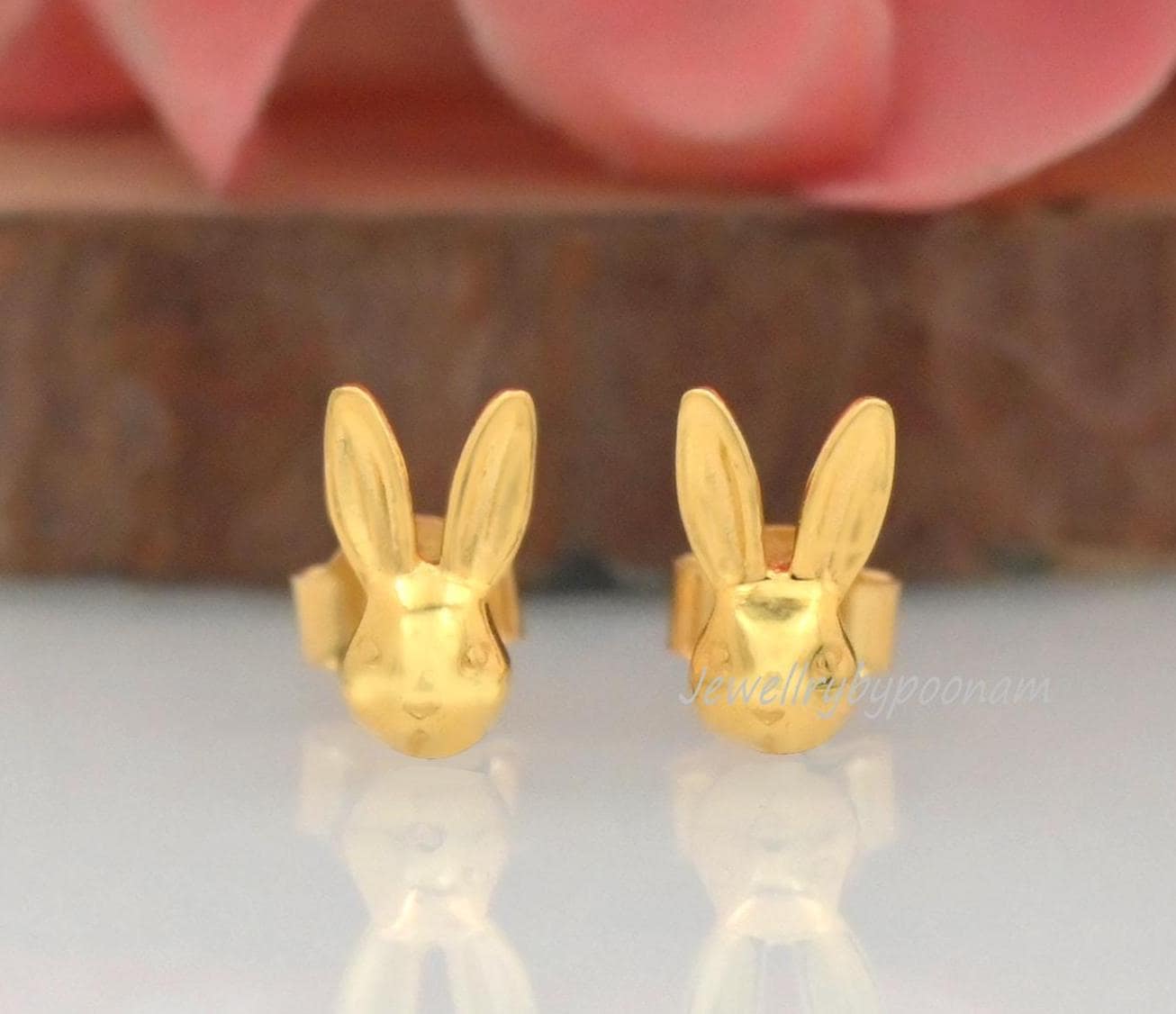 925 Sterling Silver Bunny Head Stud Earrings — Tiny Rabbit Jewelry - Jewelry By Poonam | SKU: PJE1776-SLYG-10M 2/26